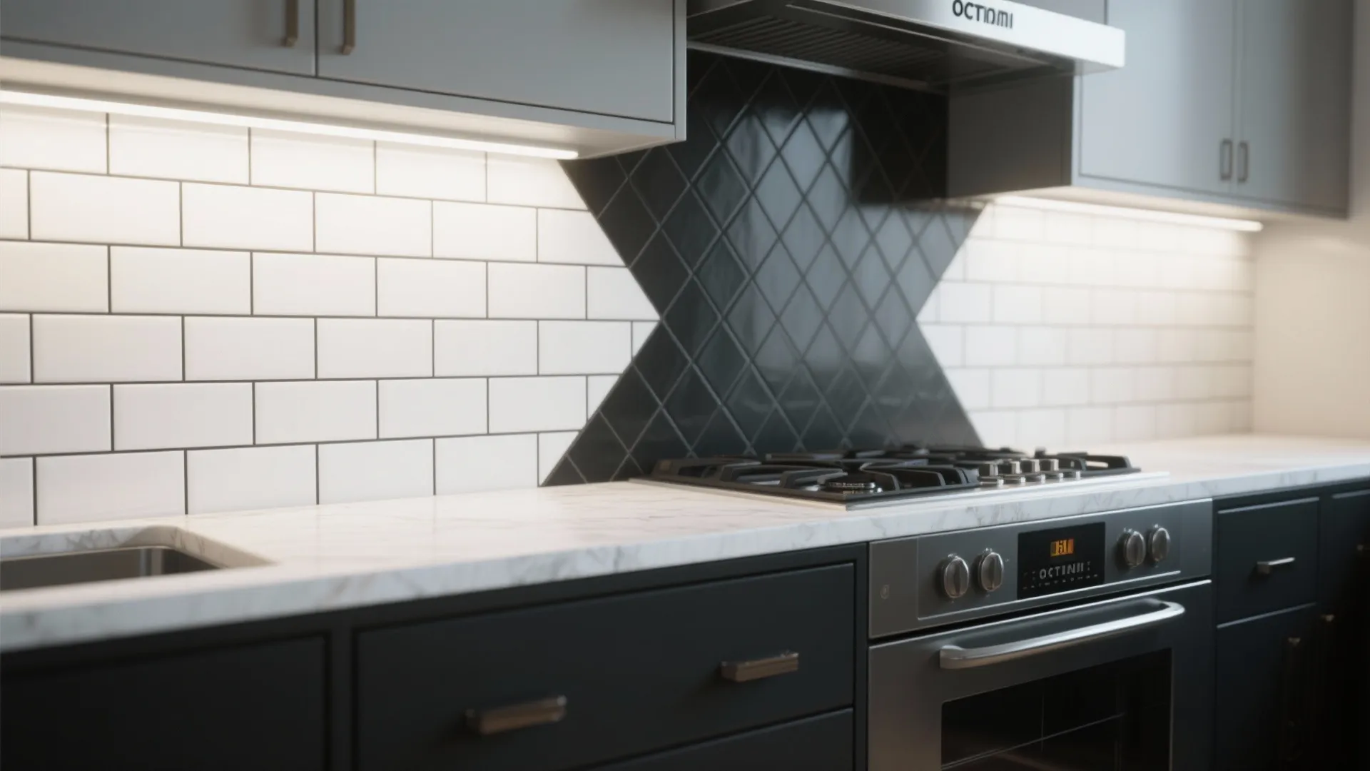 Modern kitchen with white and black wall tiles marble counter and stove with under cabinet lighting
