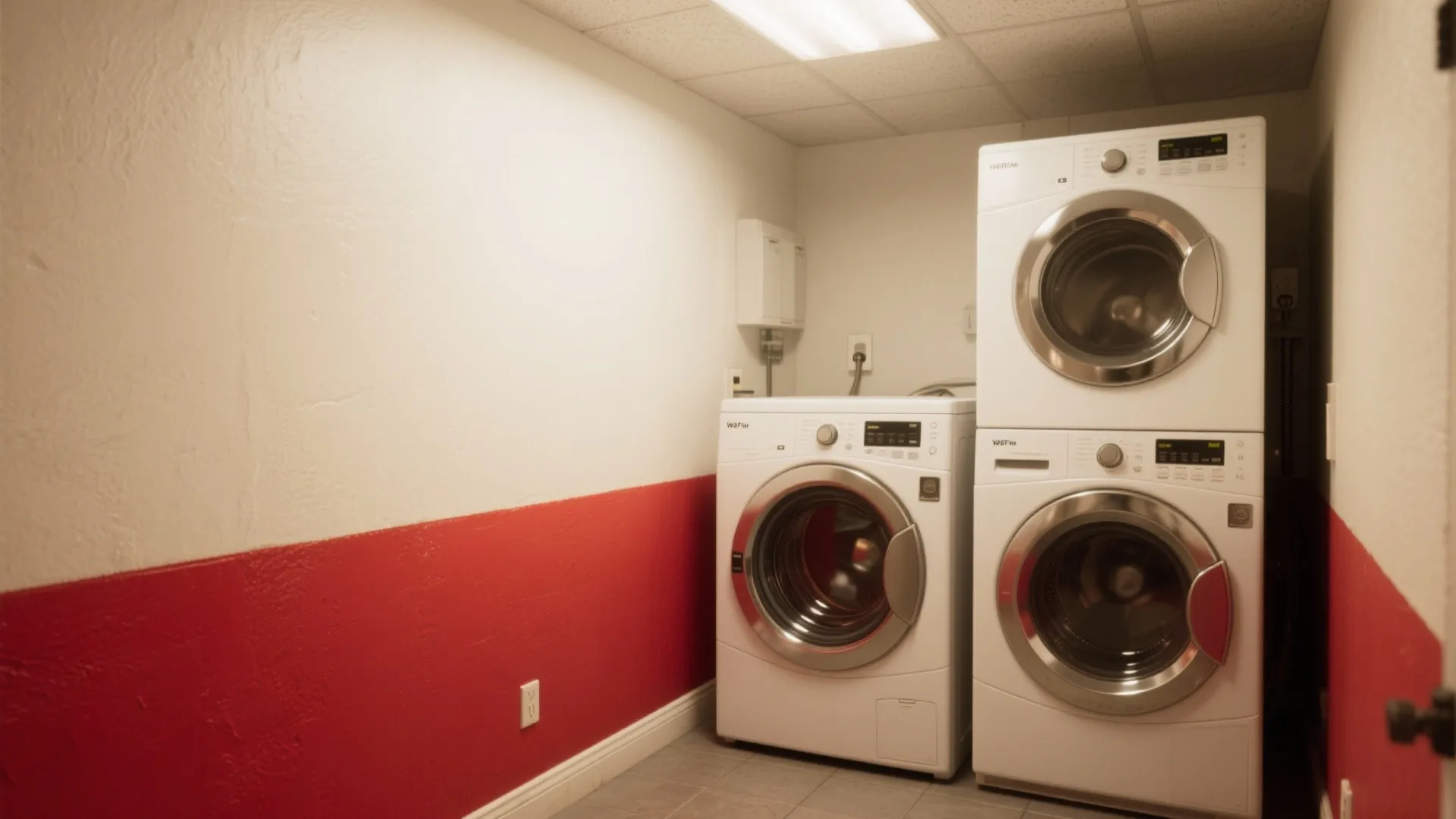 Modern laundry room featuring a red wall stripe with a white washing machine and dryer