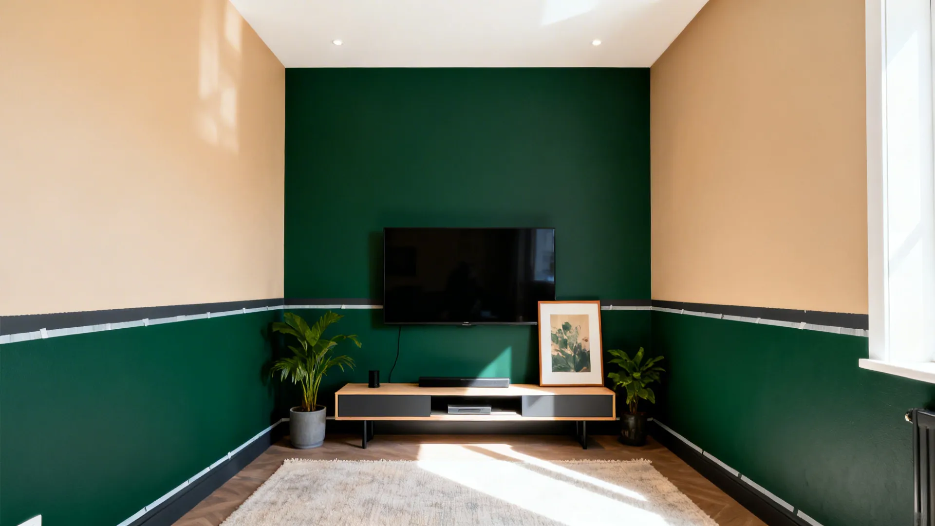 High-contrast living room with a deep green TV wall and charcoal stripe