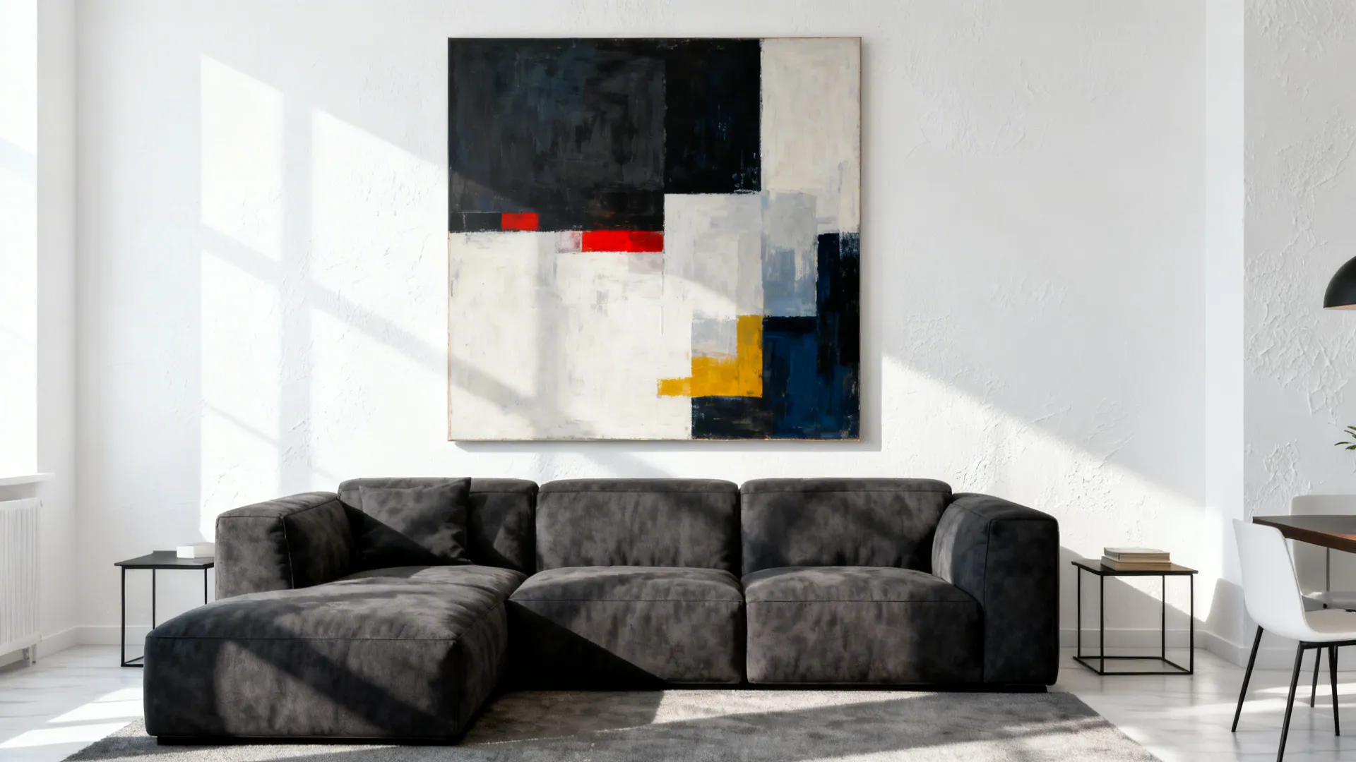 2. High-Contrast with White Walls and Bold Art