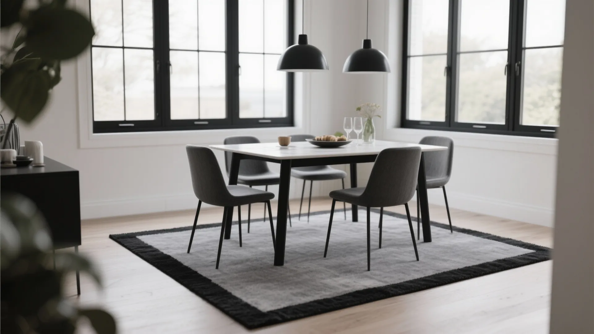Modern dining room featuring a white table grey chairs and a rug with black borders