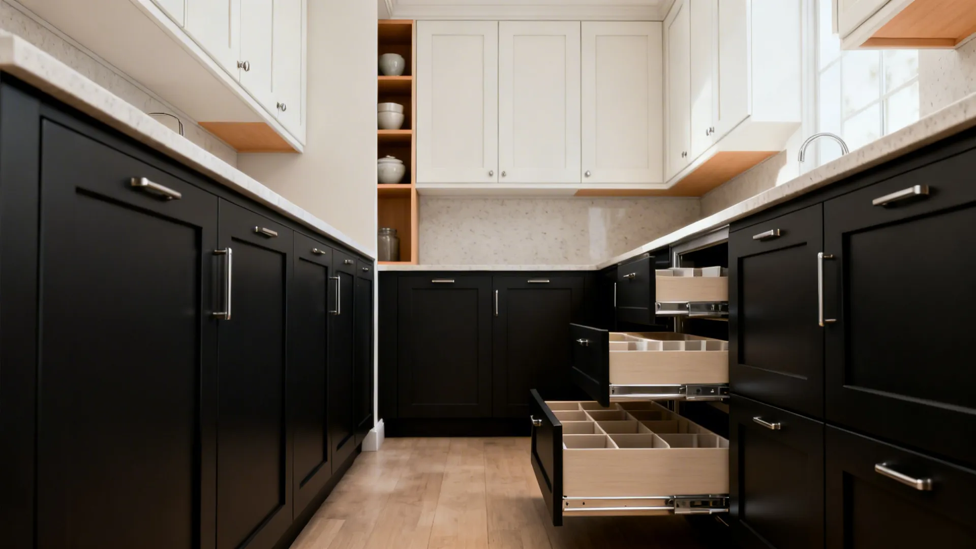 Modern kitchen with black lower cabinets open drawers white upper cabinets and light wood flooring