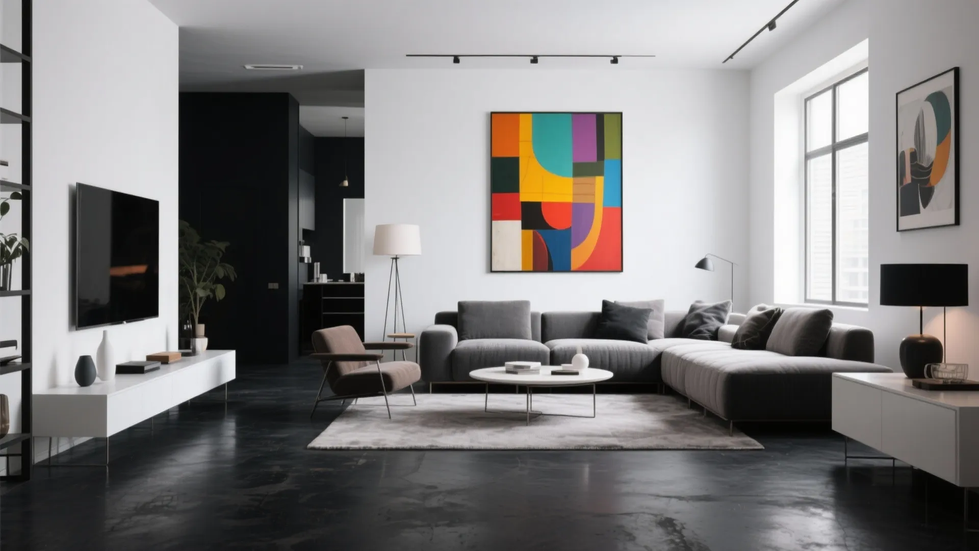 Modern living room with black floor grey sofa colorful wall art and a white cabinet