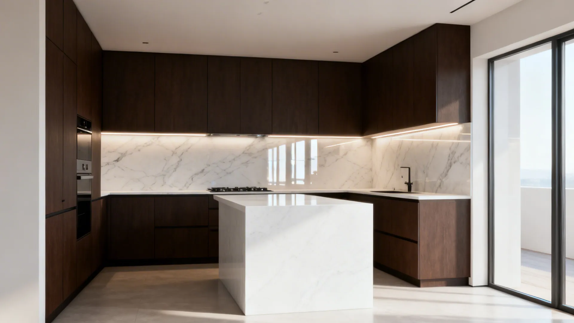 Dark brown cabinets contrasted with a white quartz waterfall island and light marble backsplash.
