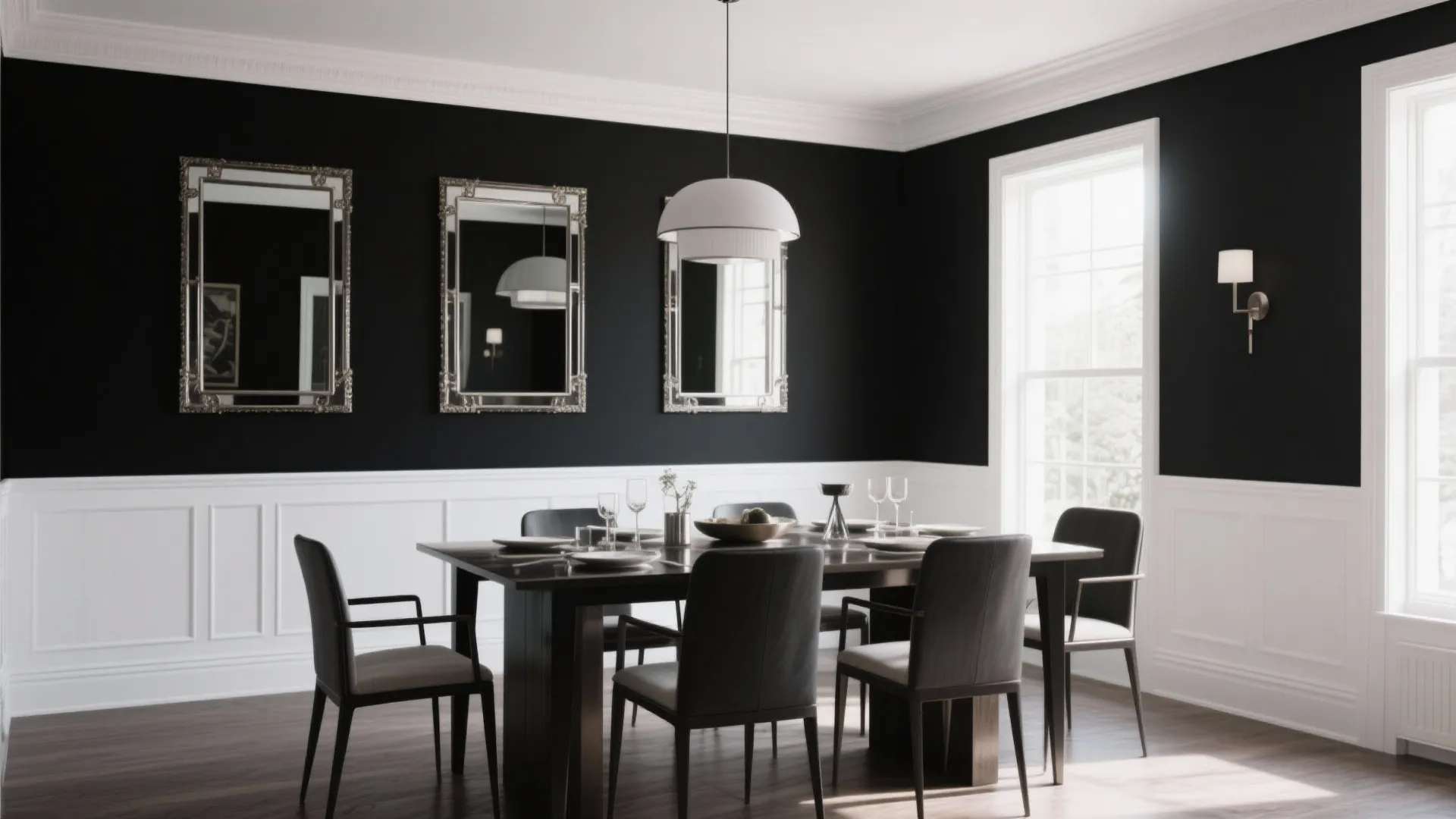 Dining room with black below and white above chair rail