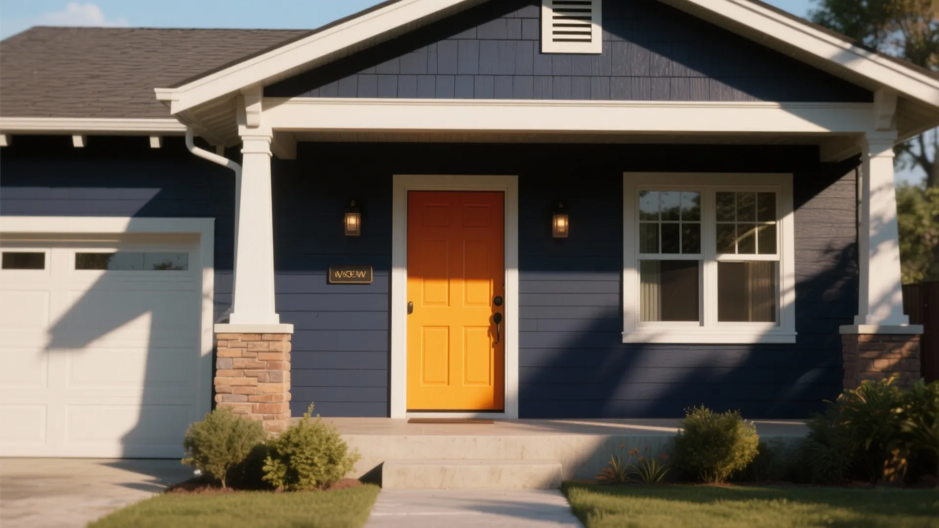 Modern blue house exterior featuring a bright orange front door with white porch and window