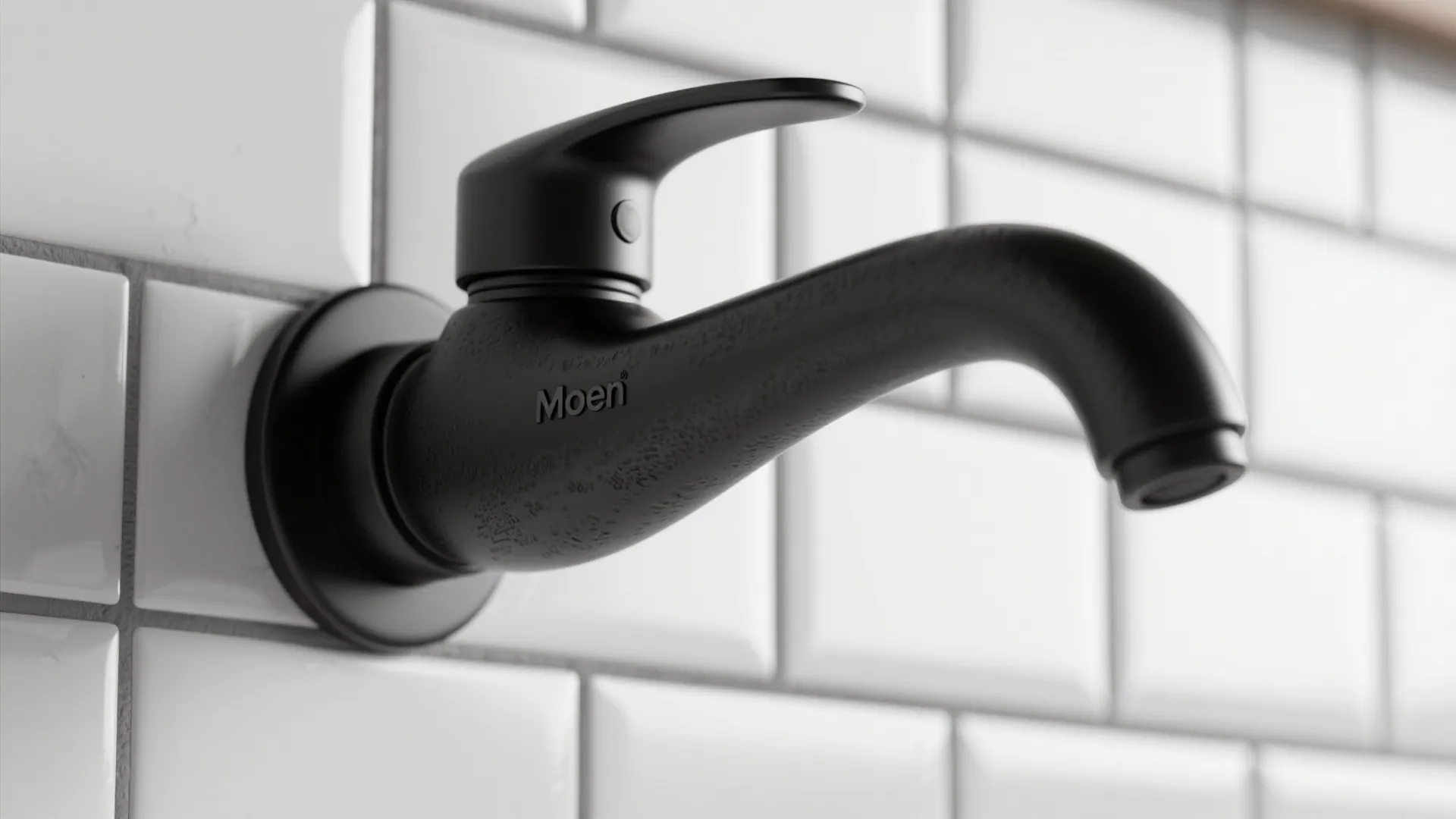 Close up of matte black water tap mounted on white wall tiles in a kitchen