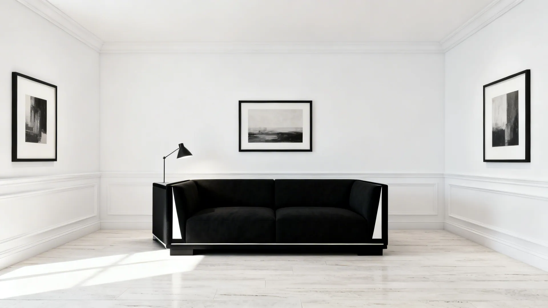Minimal white room with a black sofa and crisp black accents creating a gallery-like look.
