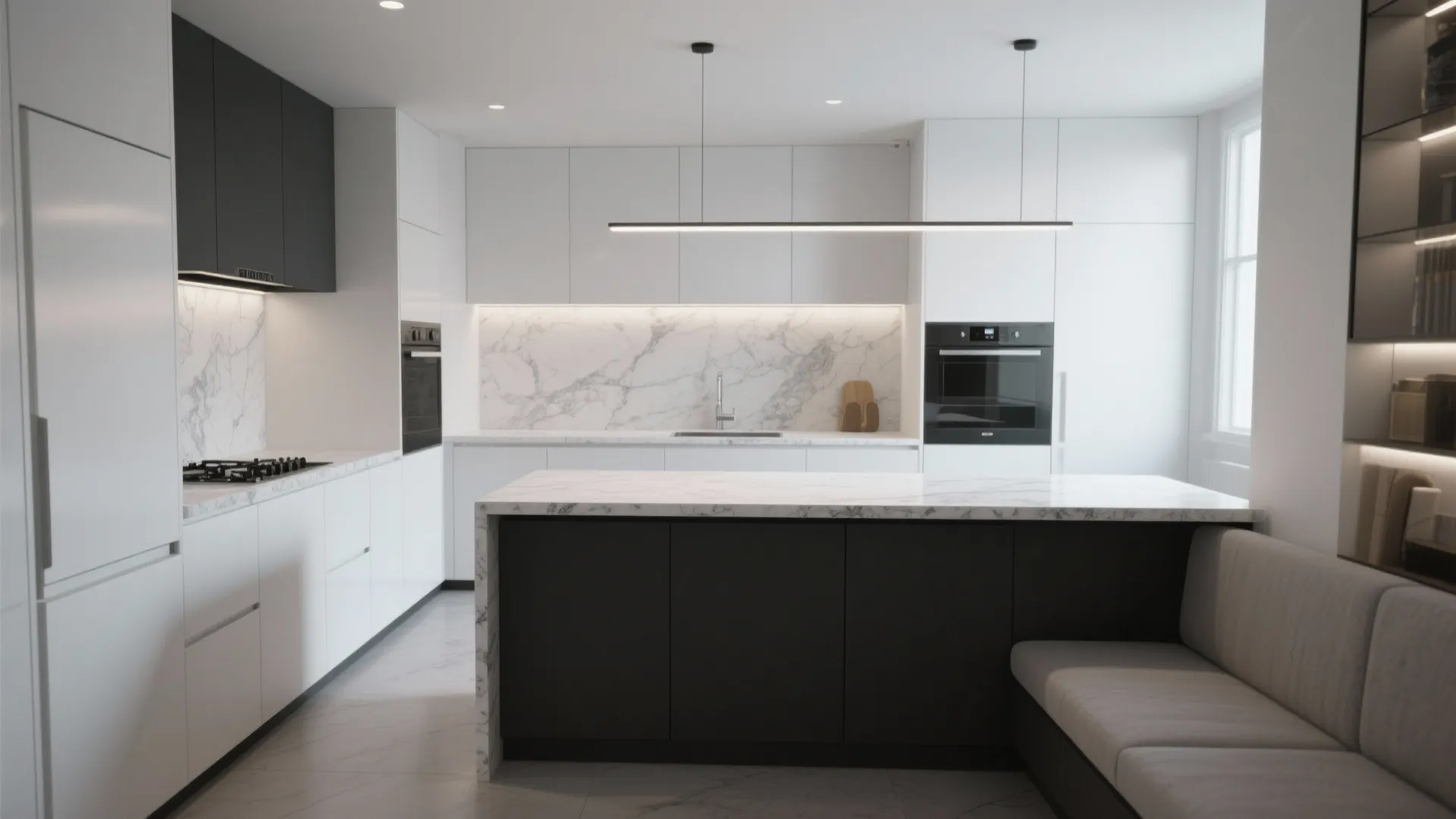 Compact kitchen with white granite perimeter and a dark contrast island as focal point.