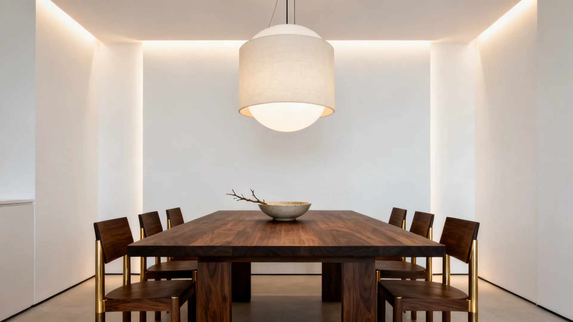 Minimalist dining room with dark wood table and chairs under a white hanging ceiling light
