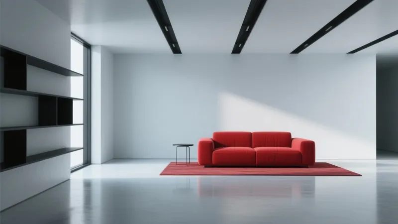 Bold Minimalist Living Room Design with Red Sofa Accent
