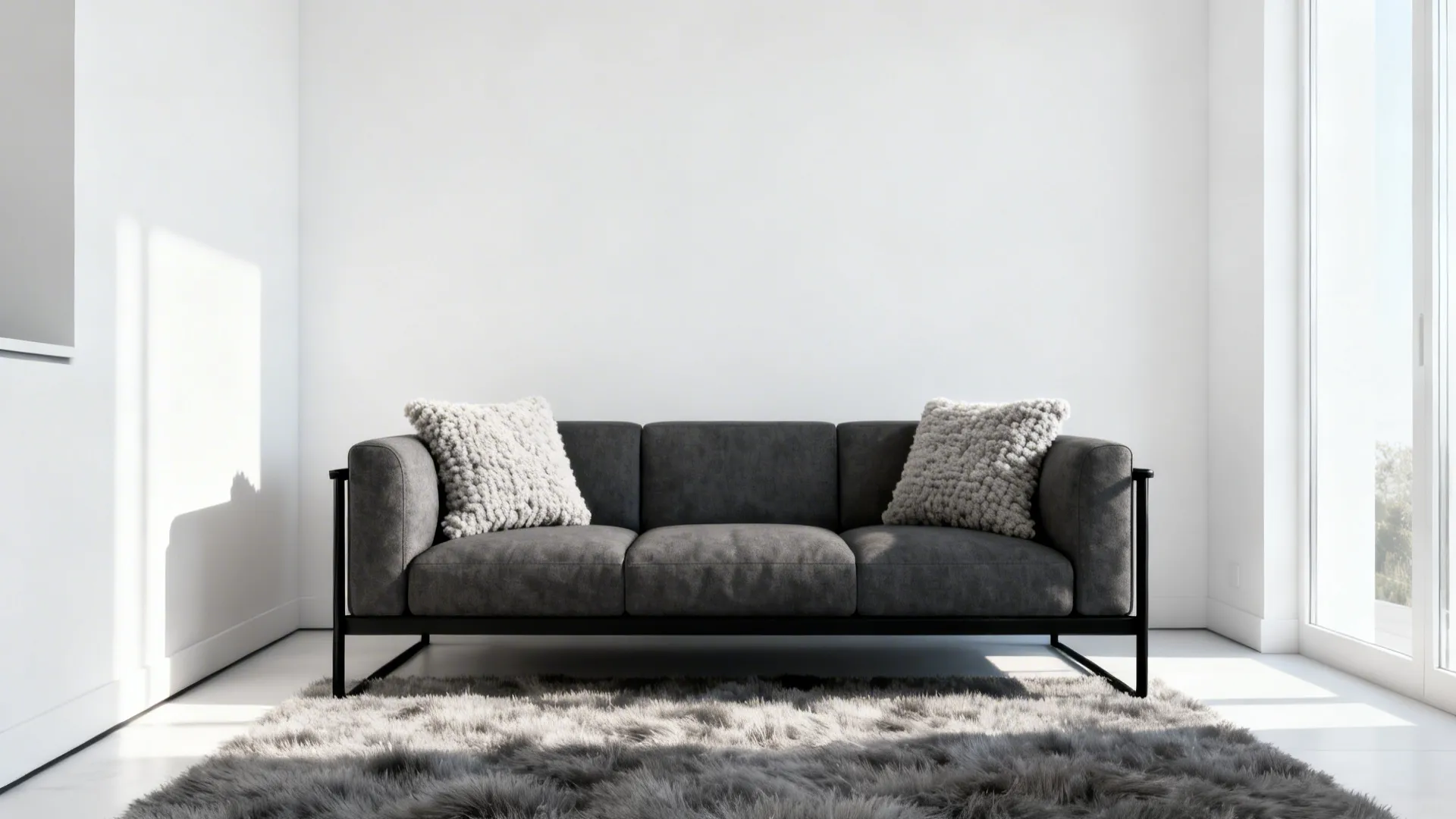 Modern small living room with white walls, charcoal sofa and black metal accents softened by plush textiles.