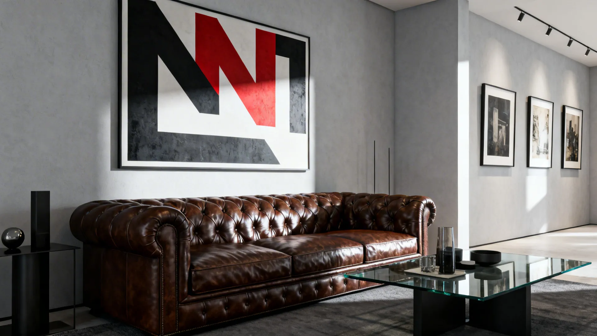 High contrast modern living room with leather sofa large wall art glass table and lights