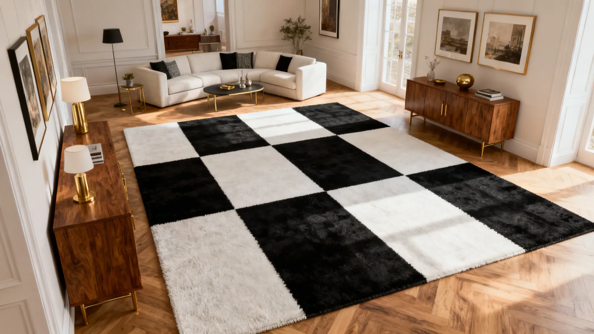 Modern living room with a large black-and-white block rug balanced by warm wood tones and brass accents.