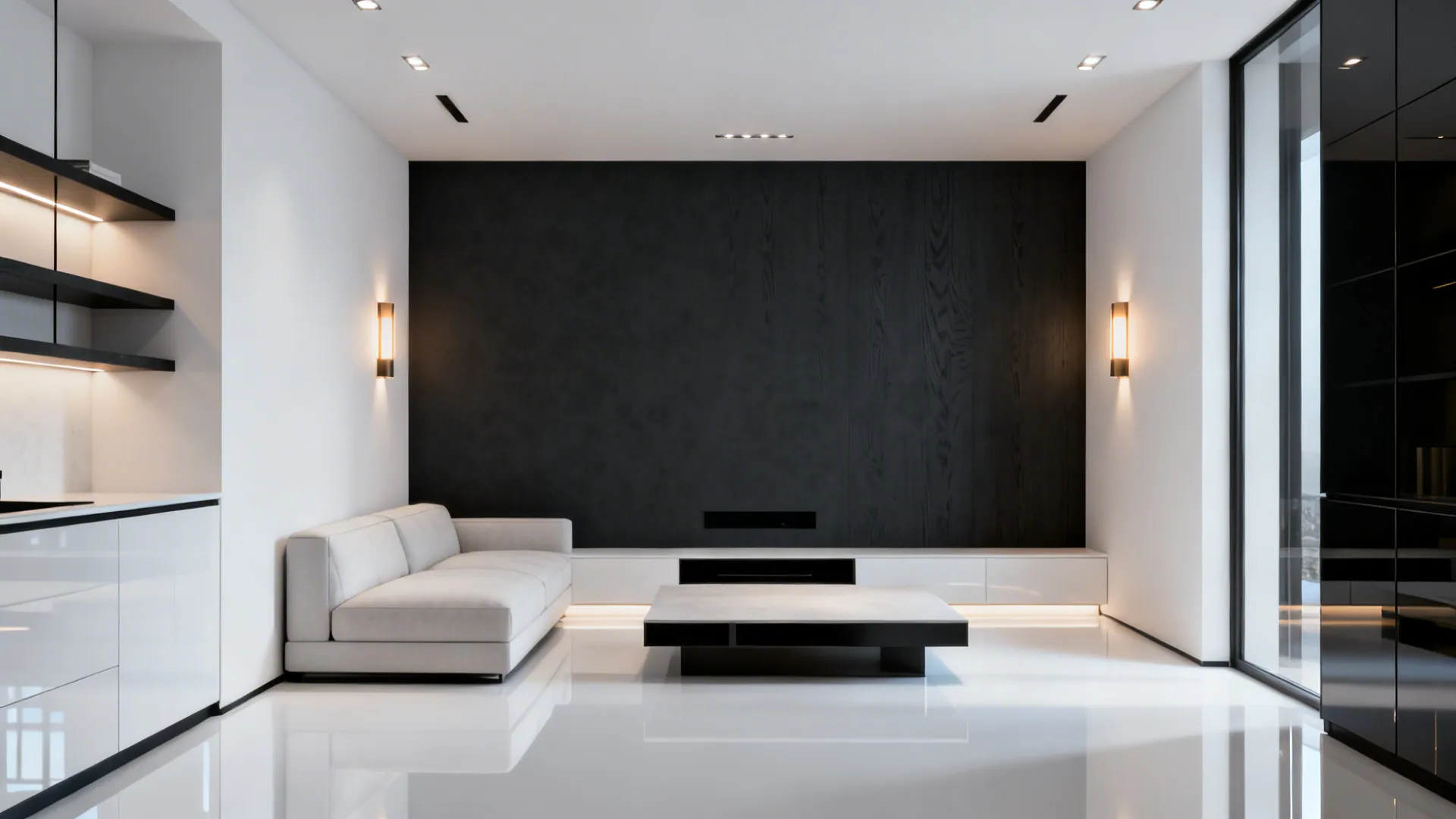 Modern living room with three near-white walls and one charcoal gray accent wall with layered lighting.