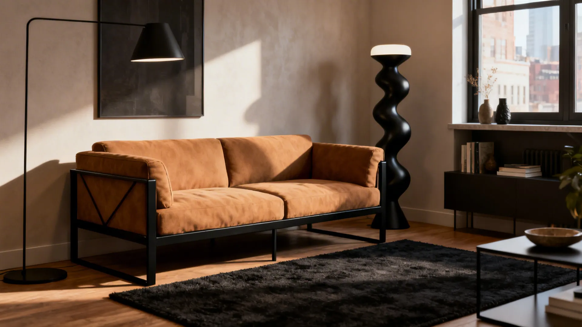 Modern living room with a tan couch and black metal accents, sculptural lighting and dark rug