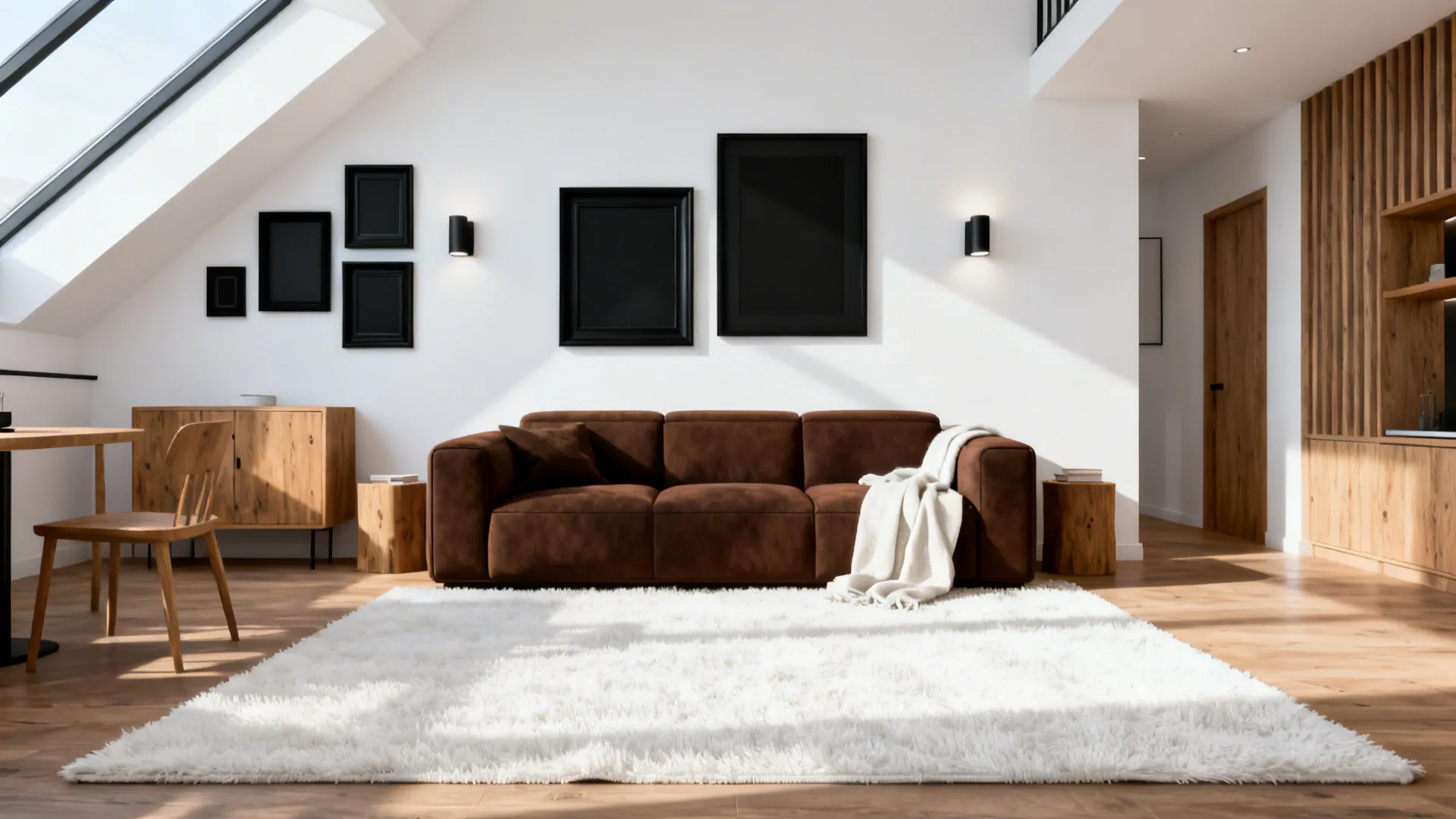 Modern living room with a brown sofa, white walls, black accents and natural wood