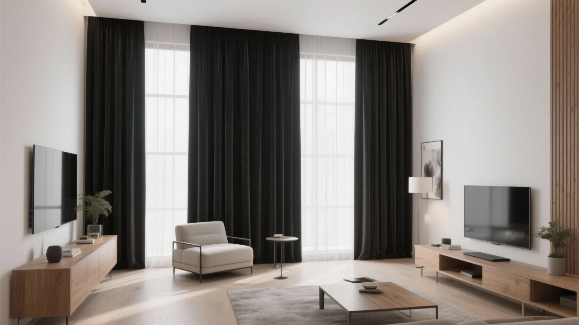Tall living room windows dressed in vertical black-and-white panel curtains to create height