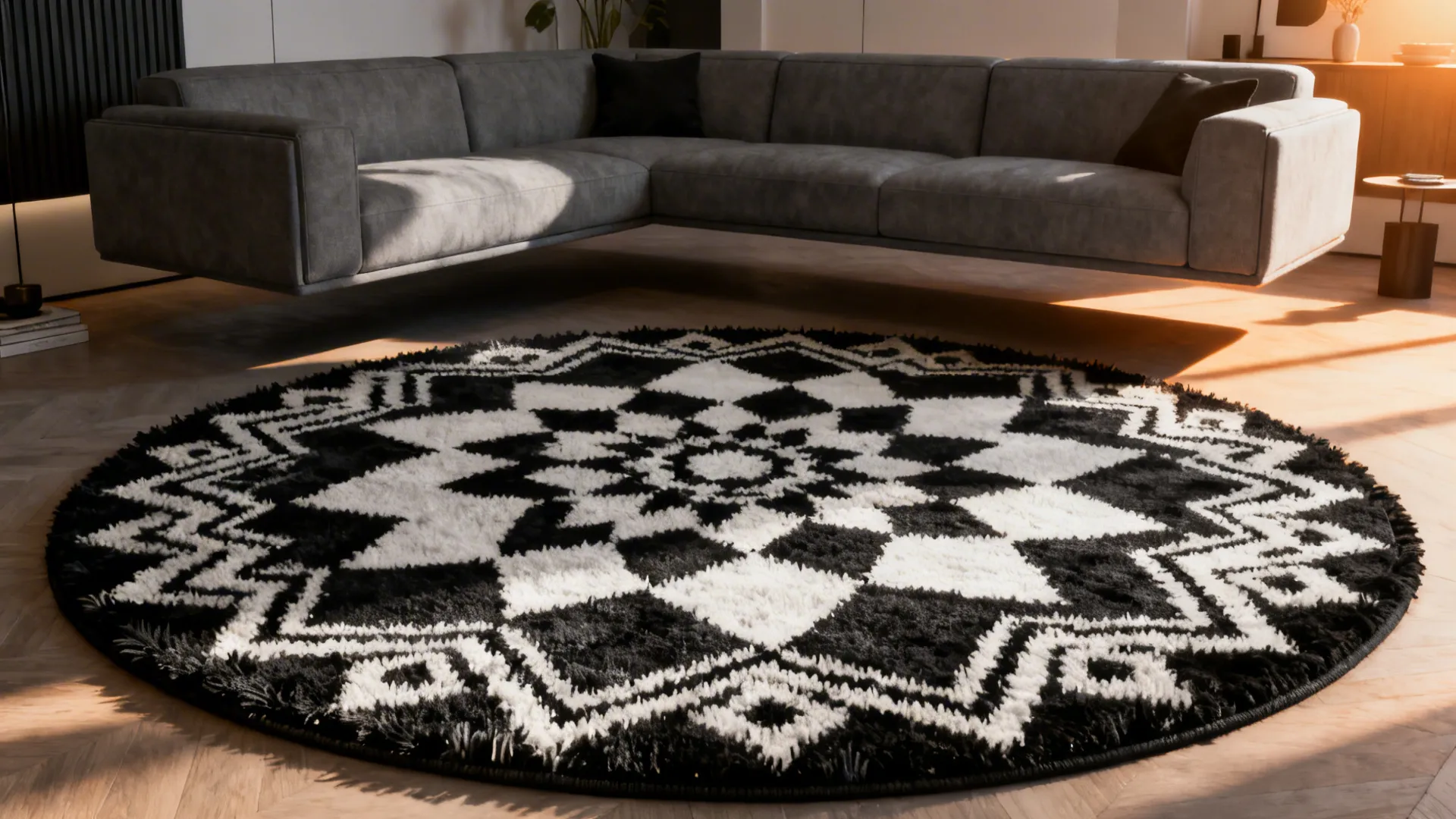Contemporary grey living room anchored by a bold black-and-white statement rug.