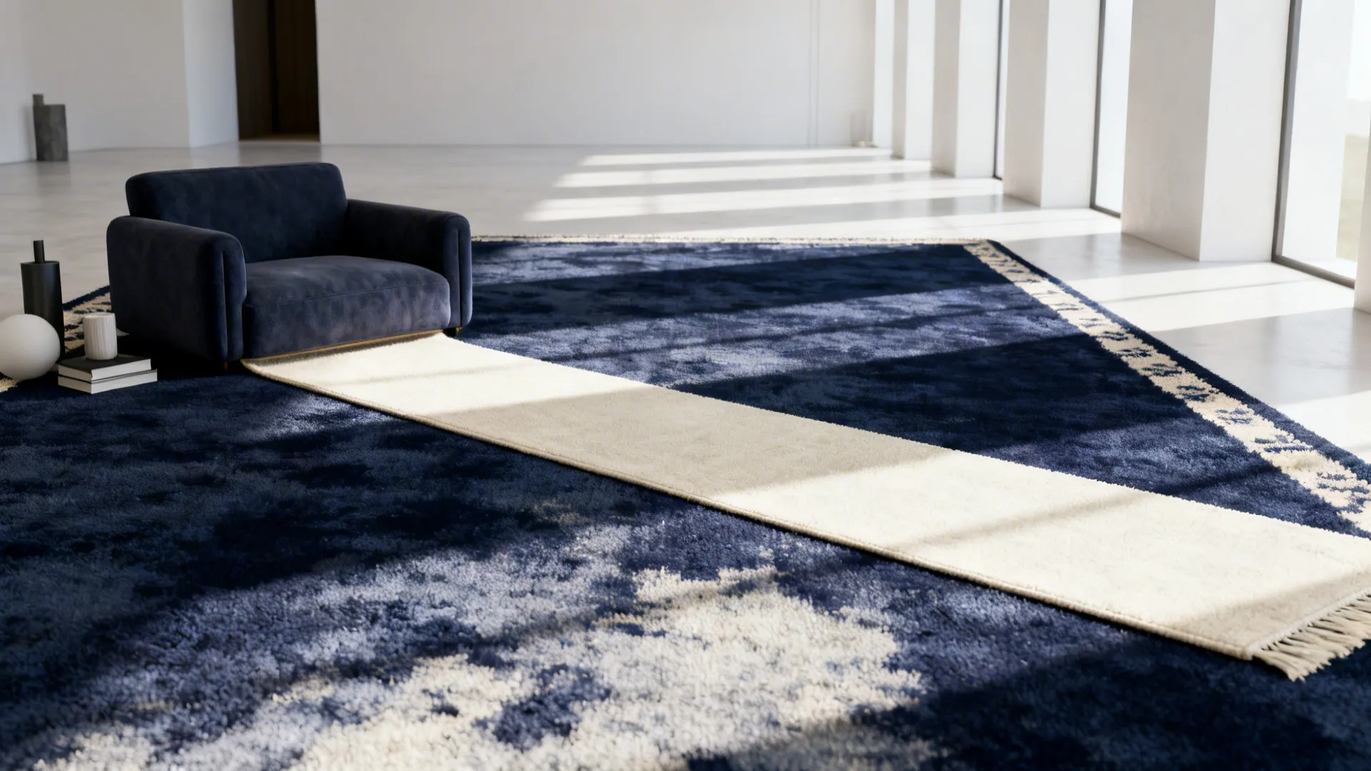Small living room with a deep navy and cream high-contrast rug that creates perceived depth