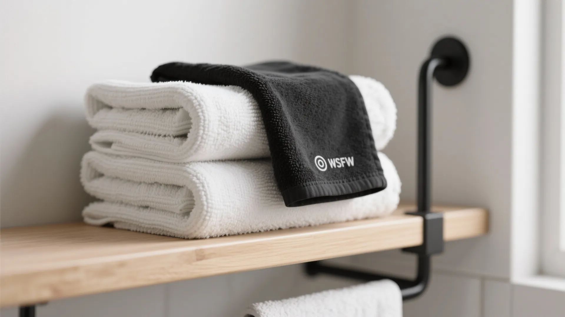 Stacked white towels with a black cloth on a wooden shelf in a bright bathroom