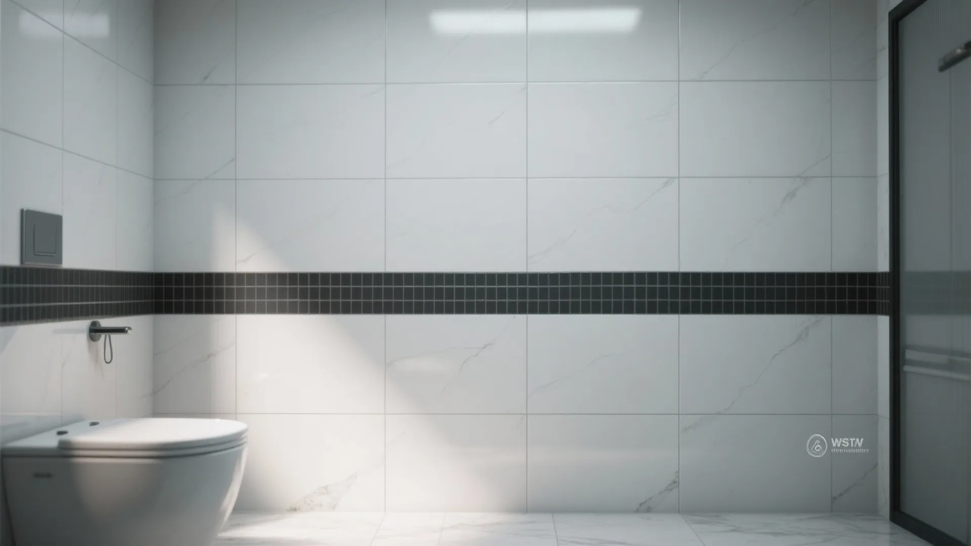 Modern bathroom with white marble wall tiles black mosaic border white toilet and natural sunlight