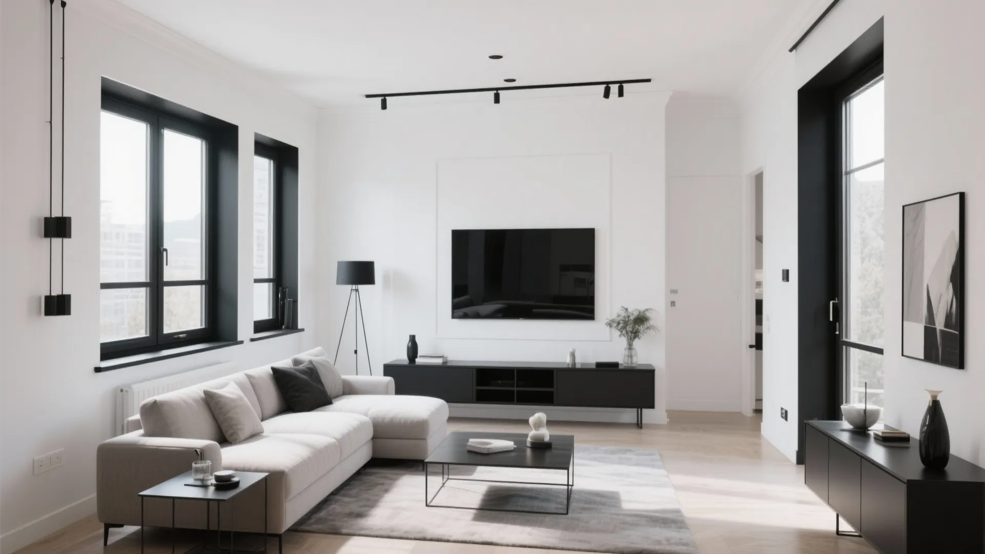 Modern white living room featuring black window frames grey sofa and minimalist black coffee table