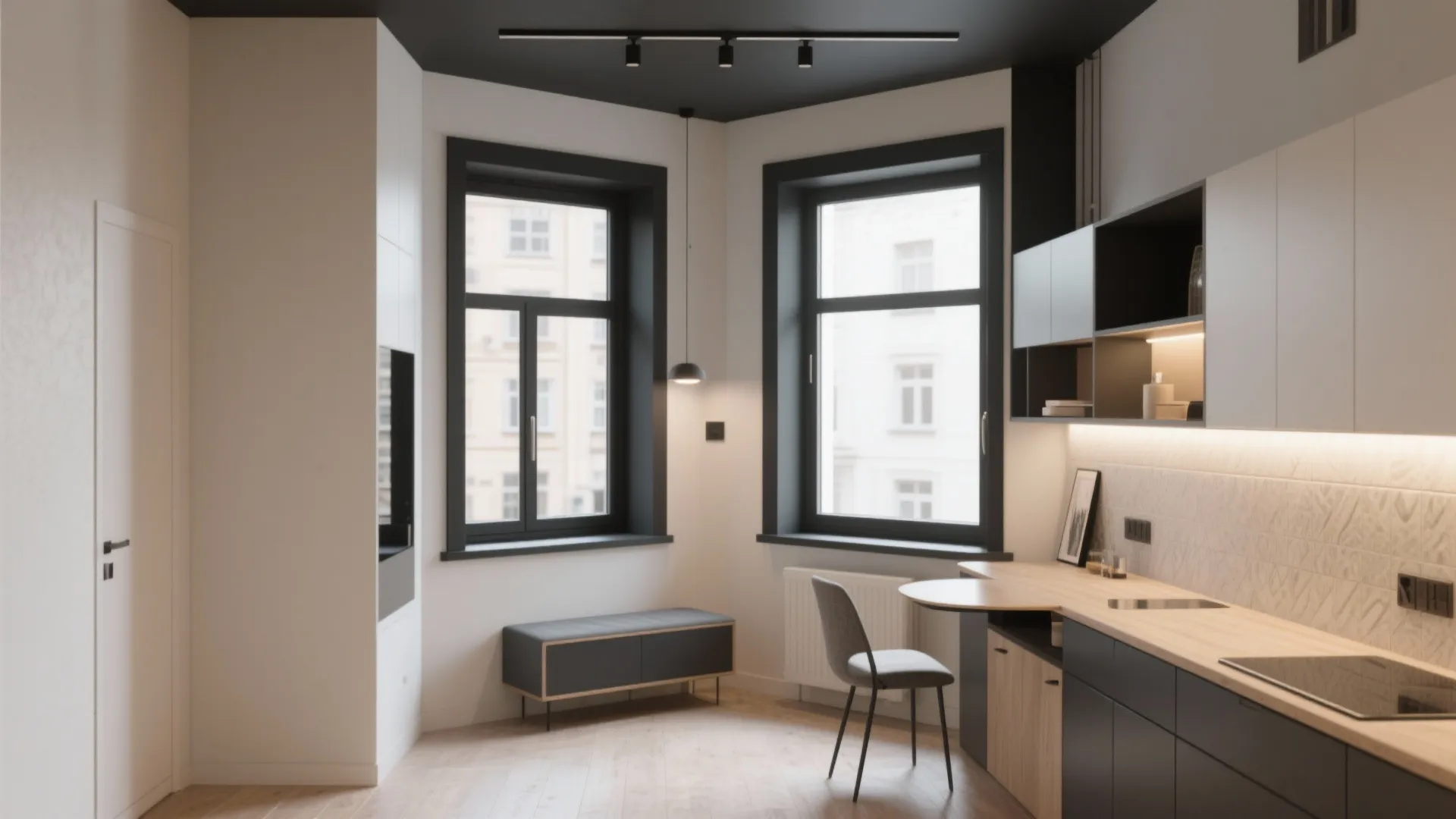 Modern interior with unified soft neutral walls and ceiling contrasted by black trim and window frames for crisp minimalism.