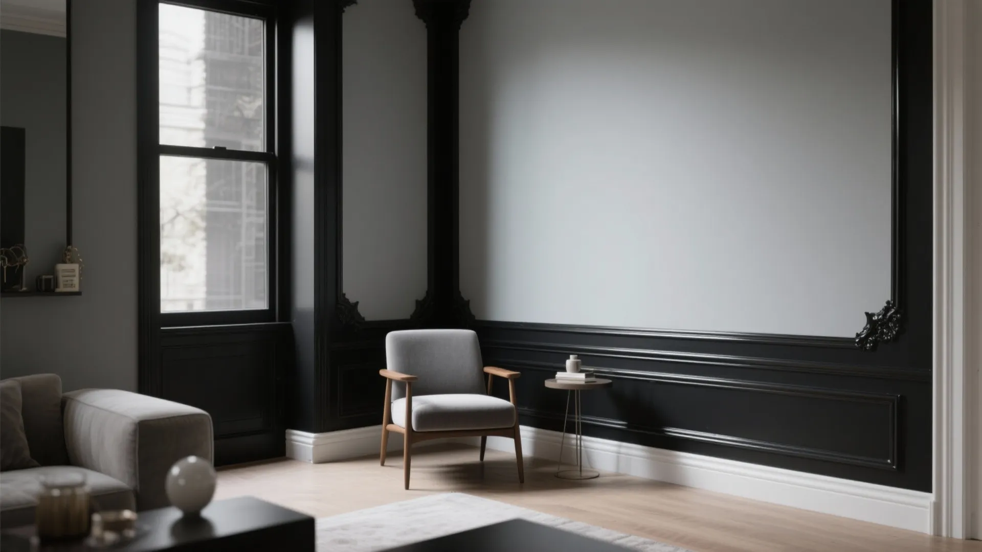 Living room with deep black semi-gloss trim against muted gray walls, showing sharp, precise paint edges.