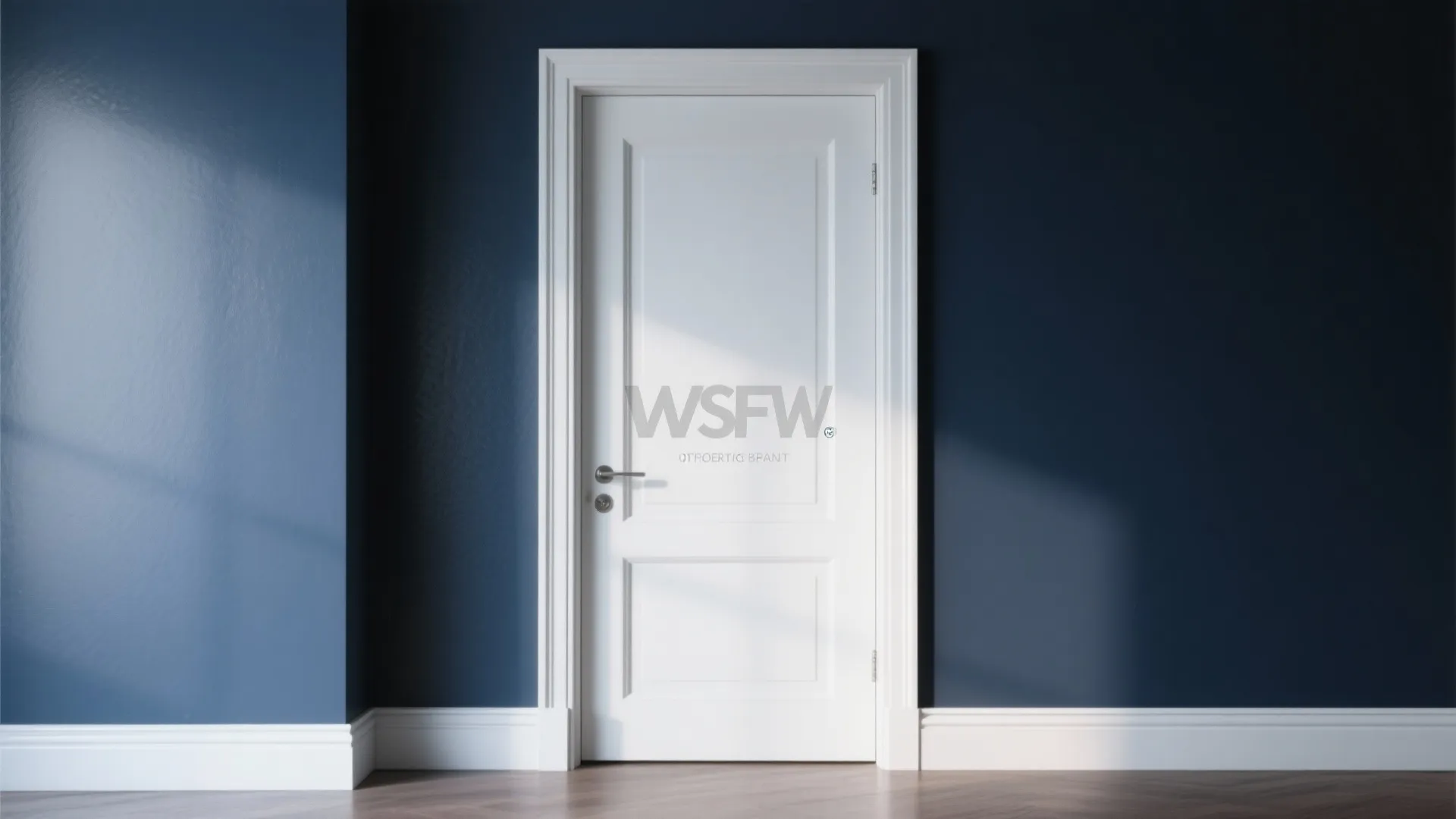 Door with crisp white semi-gloss trim against a deep navy wall showing instant architectural definition.