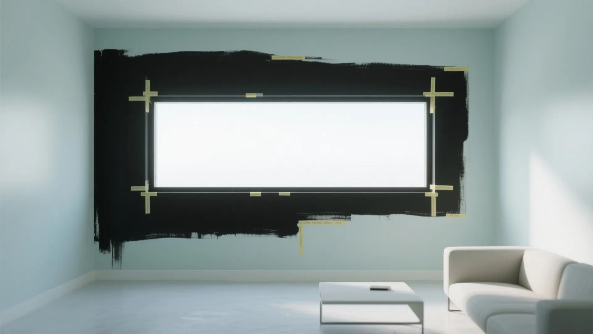 Modern living room with blue walls and a large window surrounded by black paint trim detail