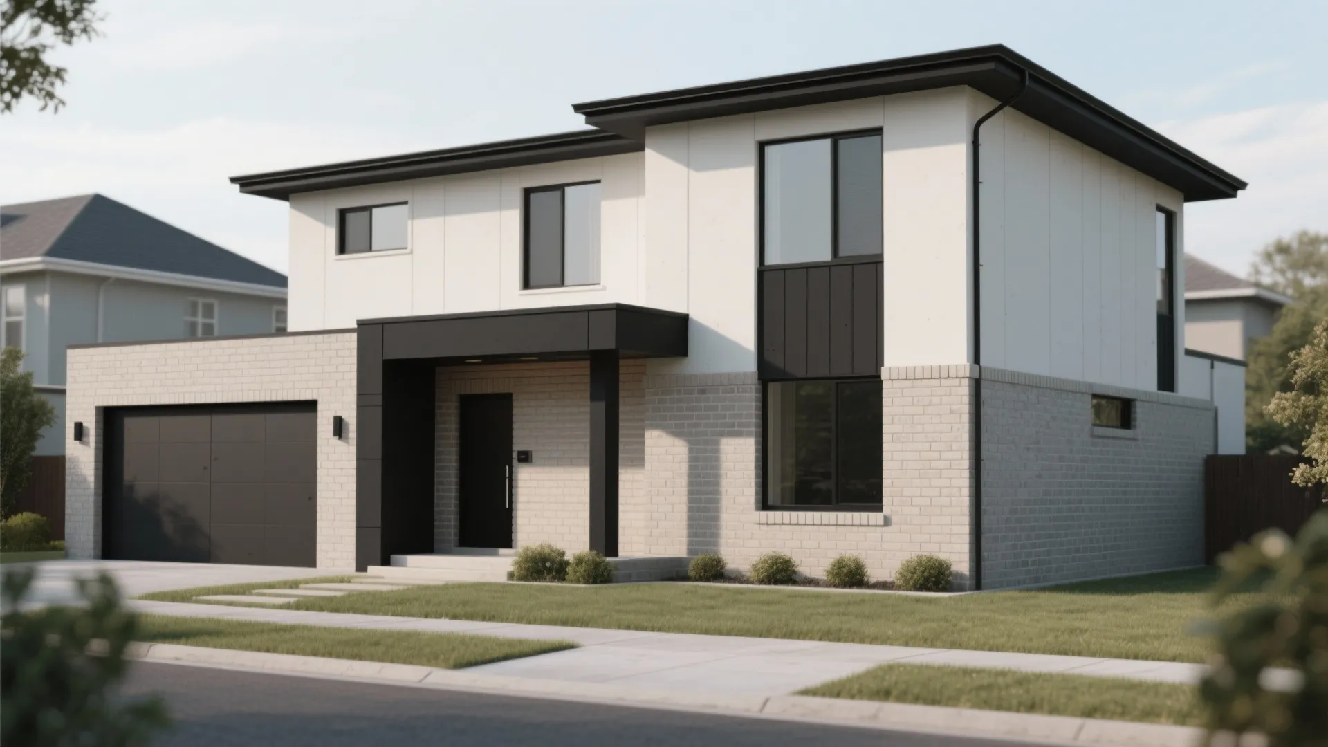 House with warm neutral painted brick and charcoal black trim creating a crisp, modern curb appearance.