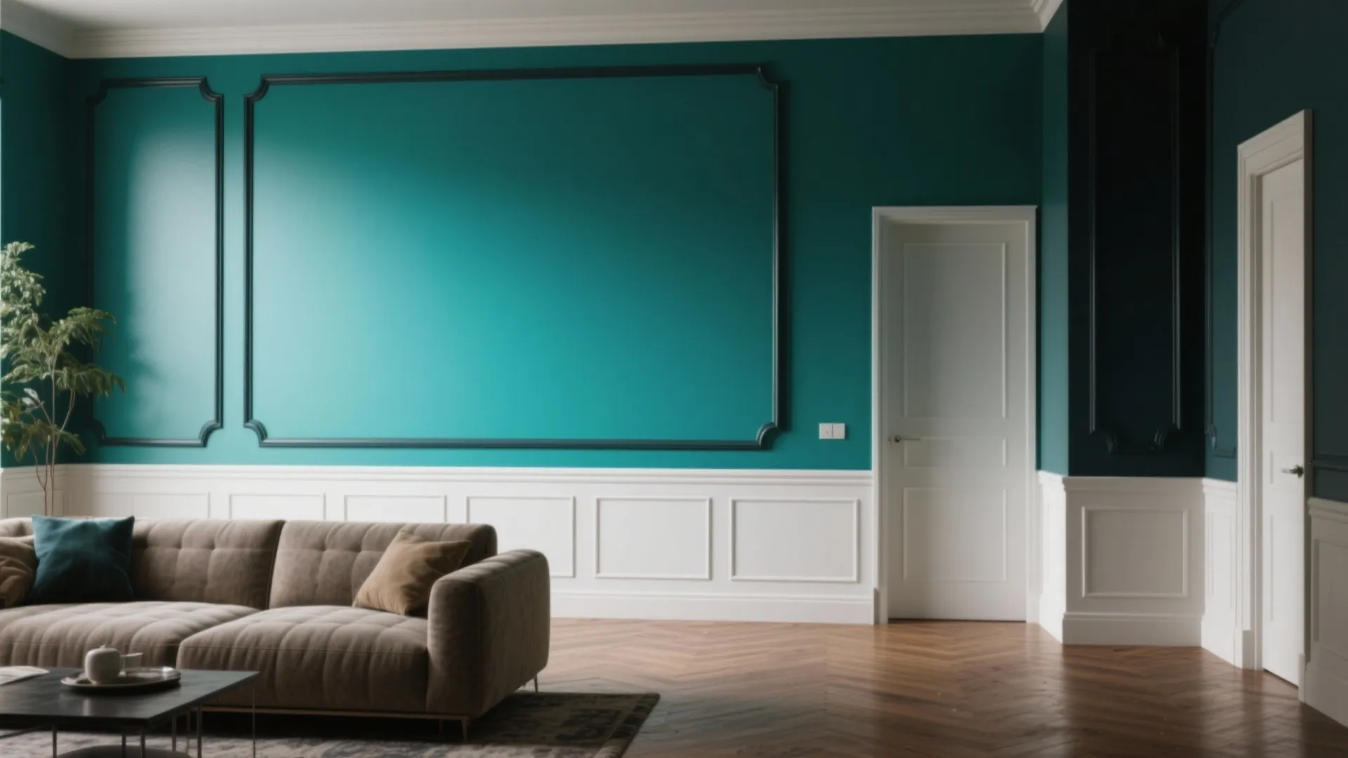 Living room with a bold accent wall and crisp dark trim emphasizing narrow baseboards and clean paint lines.