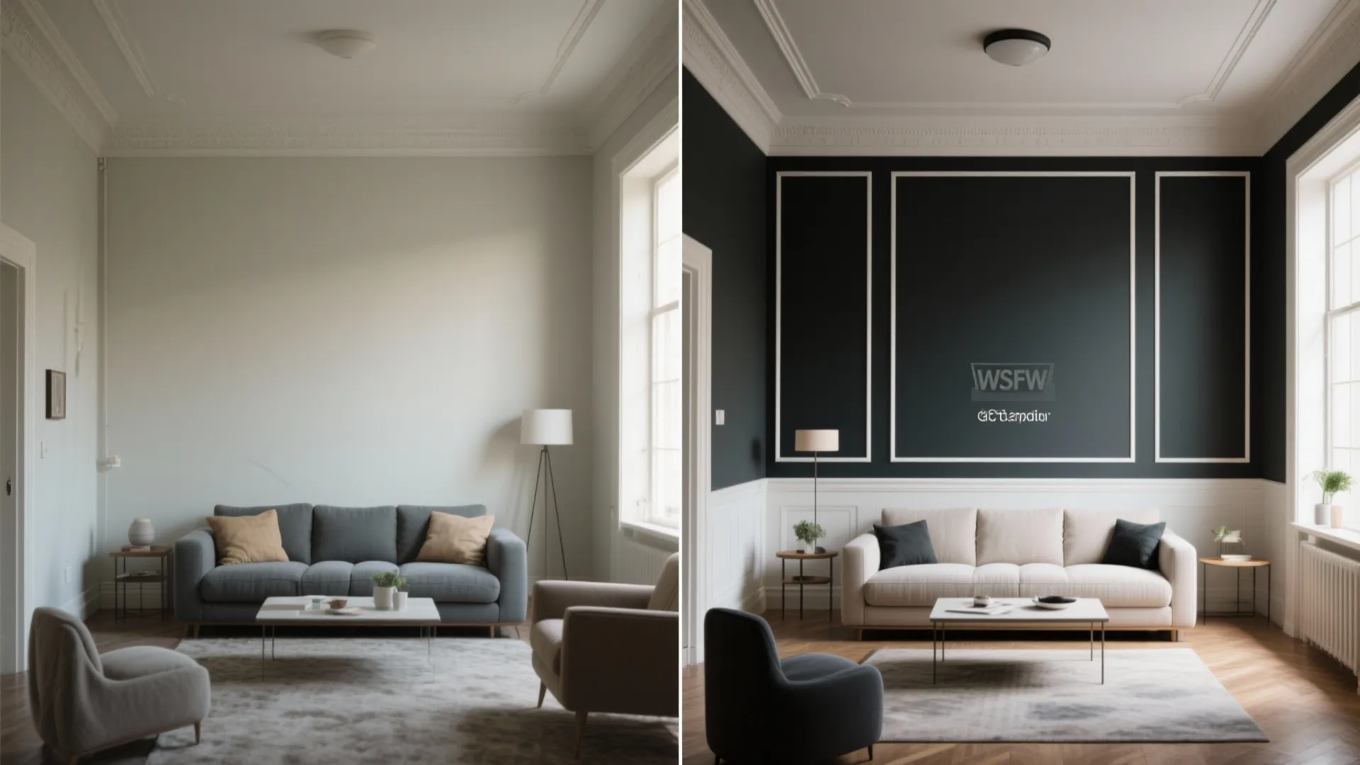 Comparison of simple light living room versus stylish dark teal wall design with white wall panels