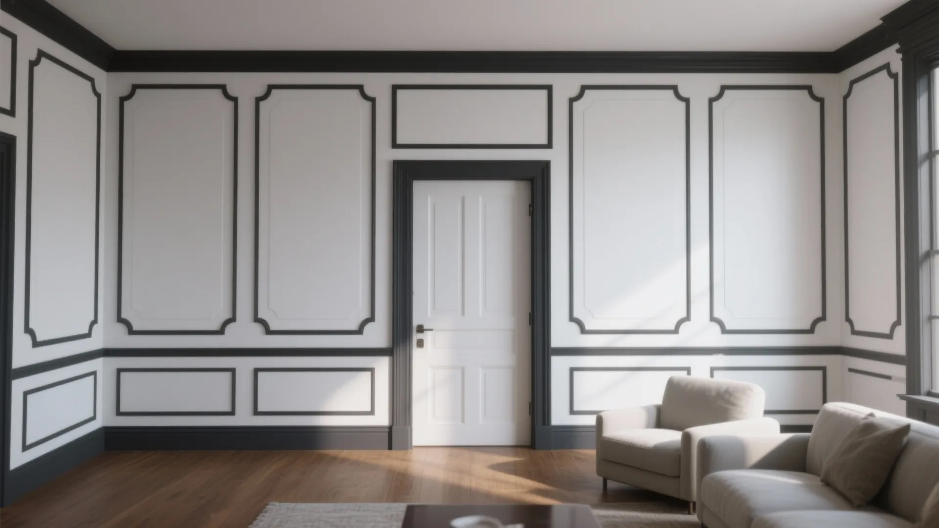 High-contrast trim and strategic furniture placement