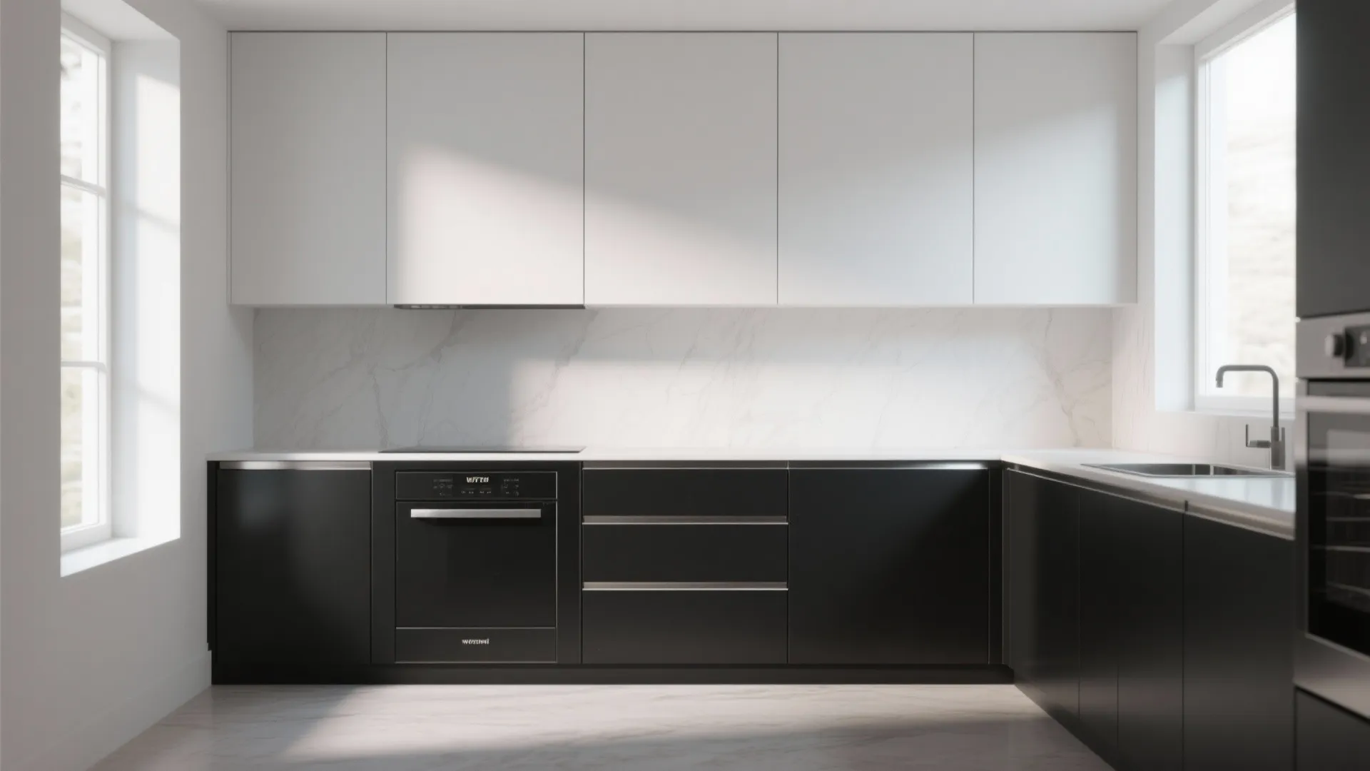 Kitchen elevation with white uppers and matte black lower cabinets separated by thin metallic trim
