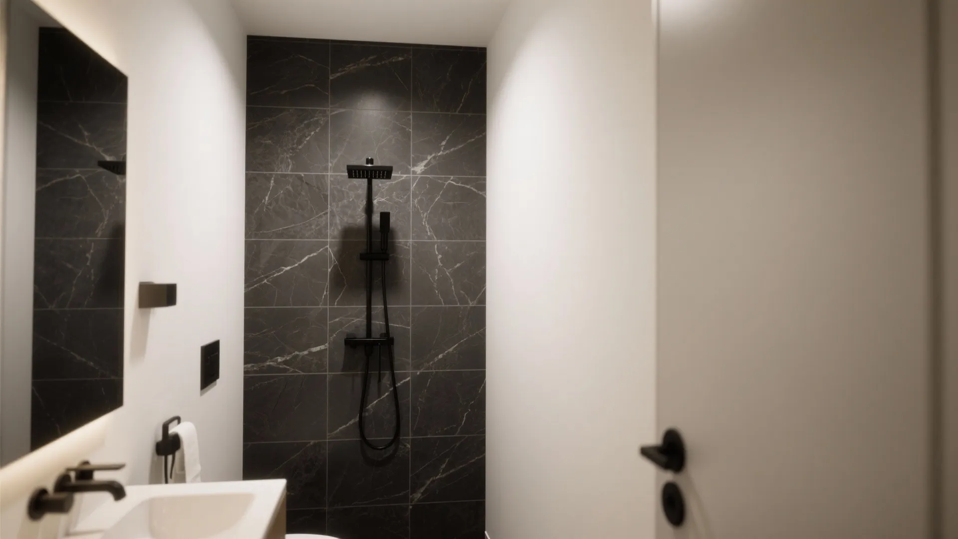 Modern bathroom with dark marble wall tiles black shower head white sink and lighted mirror