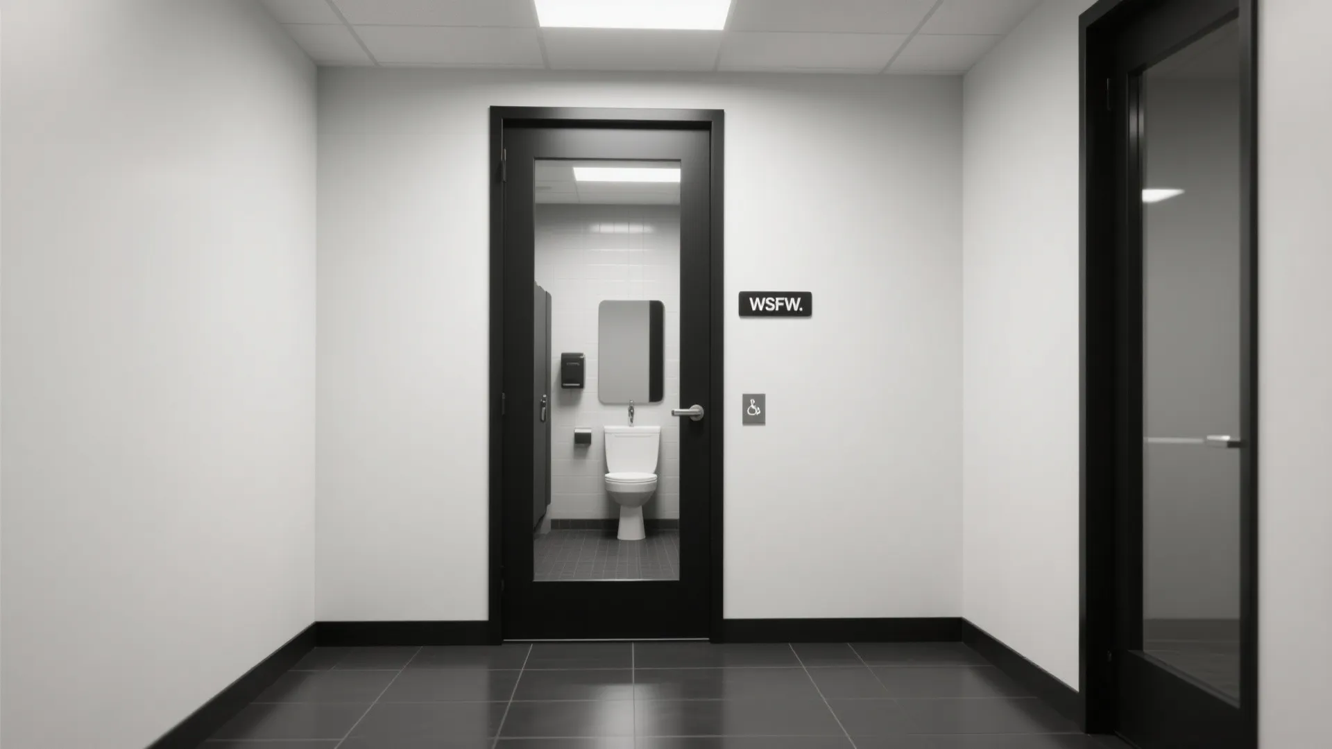 Clean hallway view showing black door frame with glass panel leading to a white restroom