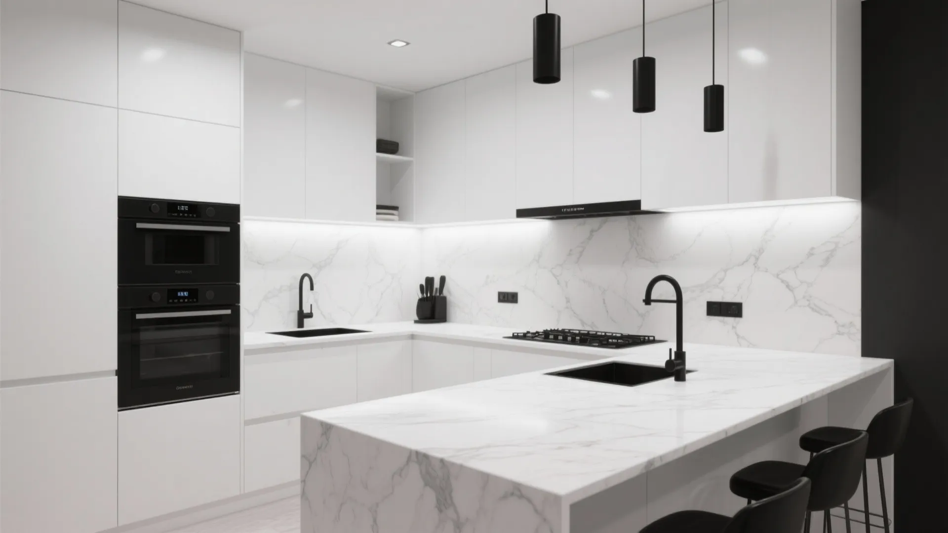High-Contrast White Kitchen
