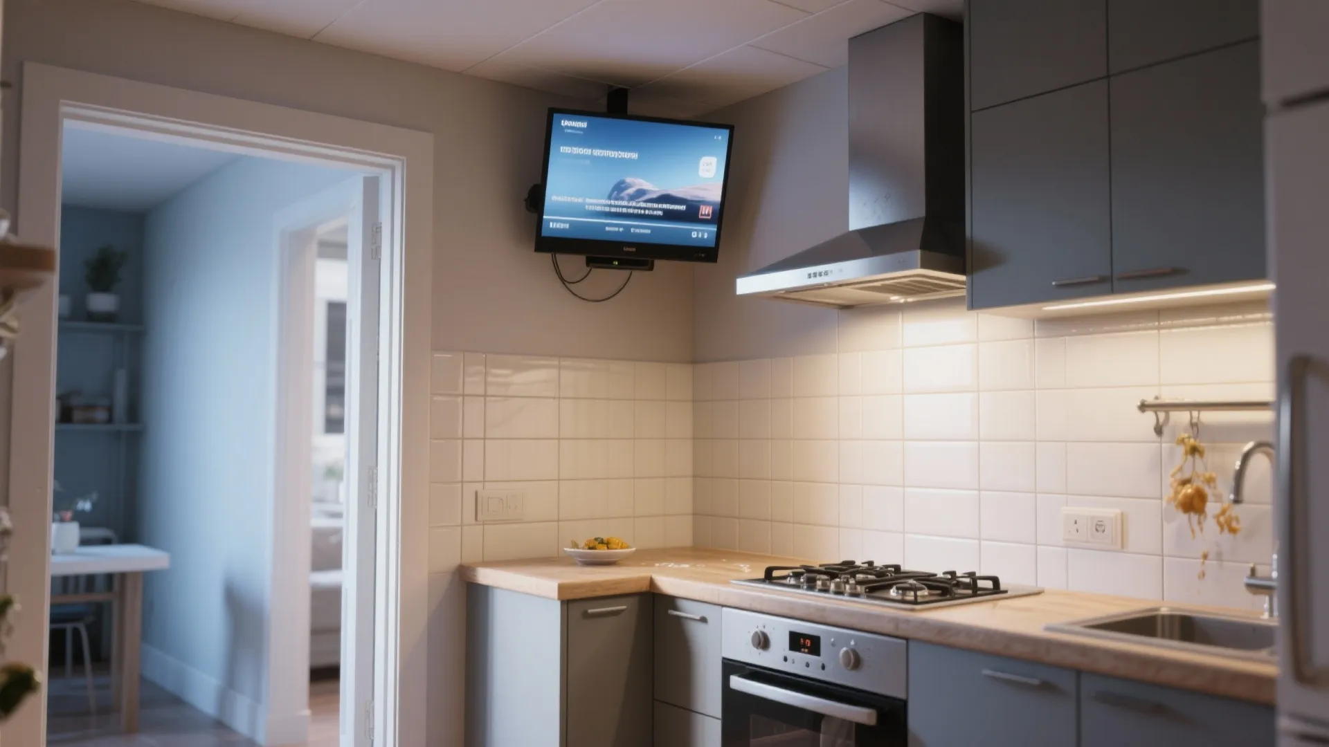 Modern kitchen with a small television mounted on the wall above a wooden kitchen counter