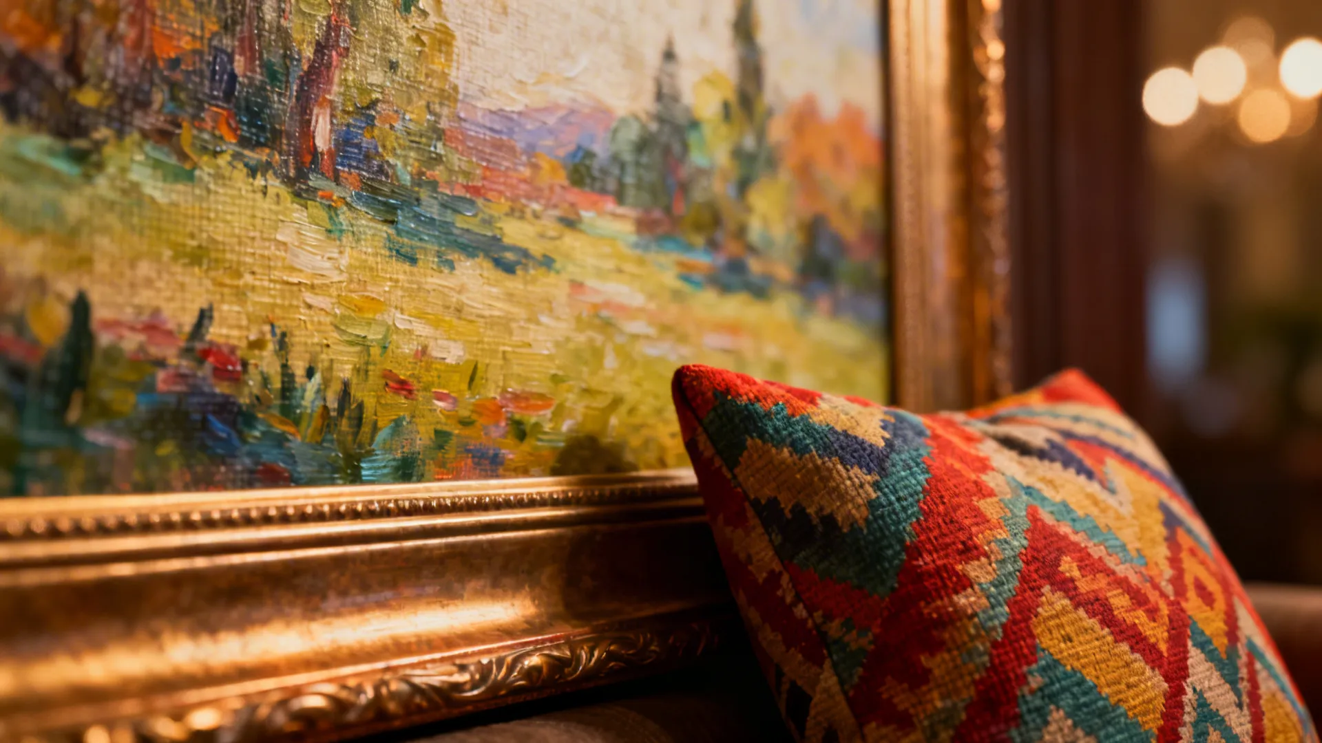 Close up of a gold framed landscape oil painting with a colorful patterned decorative sofa pillow