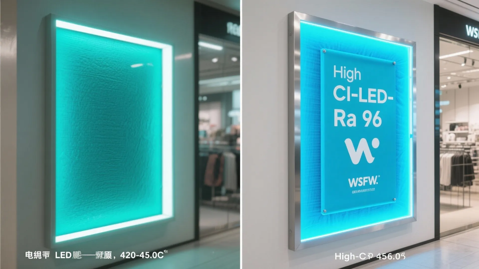 Before and after comparison showing a turquoise glowing wall panel next to a labeled LED display