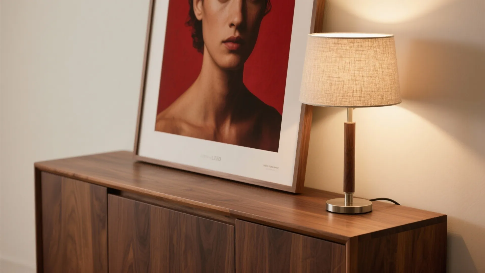 Macro detail of walnut grain and art print lit by a high-CRI LED lamp showing accurate color.