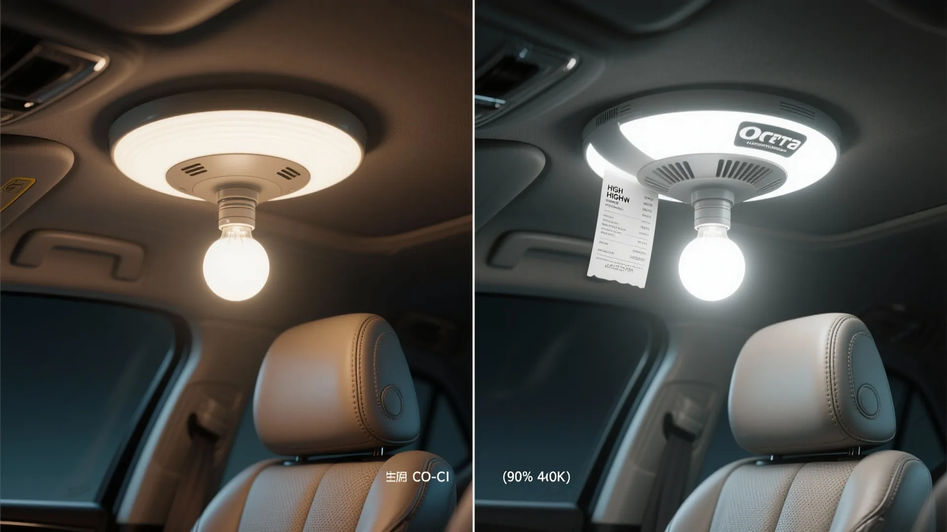 Side by side comparison showing warm and cool white light fixture installed on car ceiling