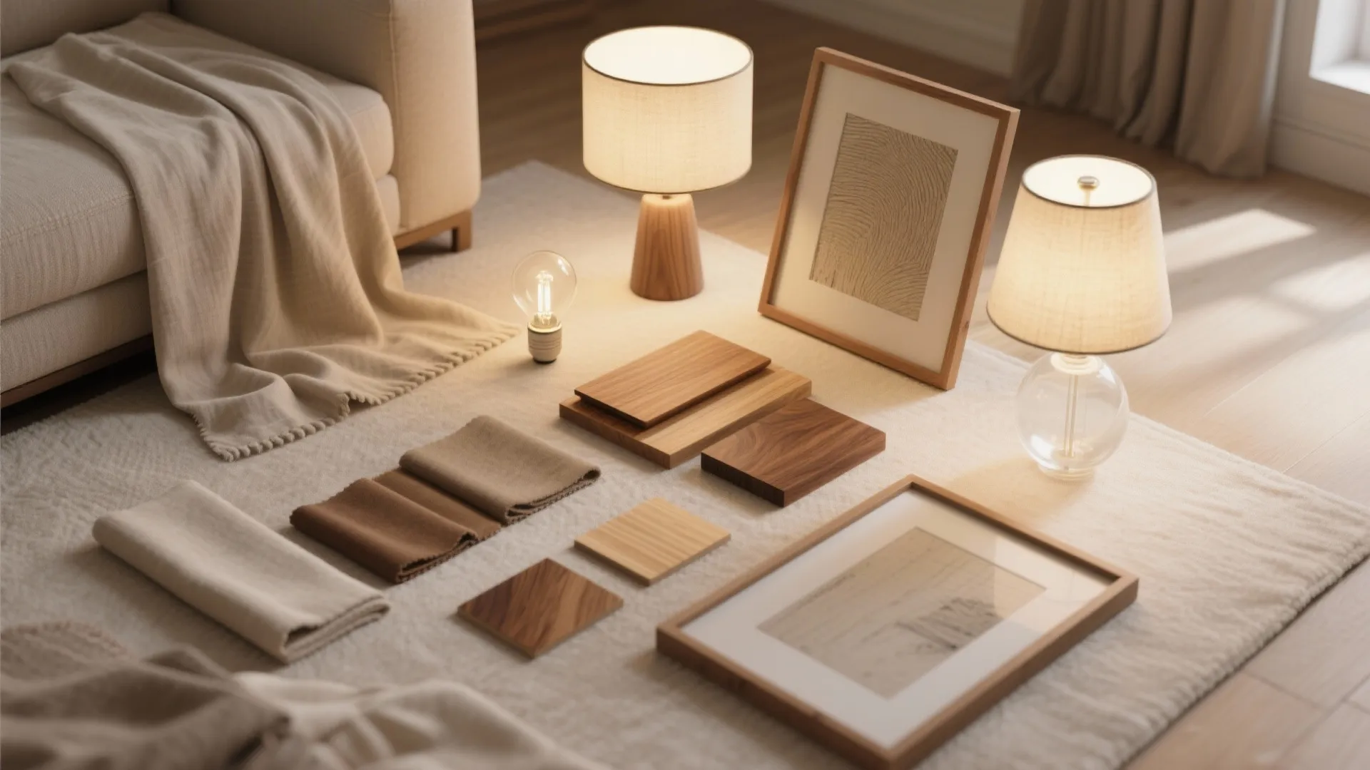 Interior design materials on carpet featuring wood samples fabric swatches picture frames and table lamps