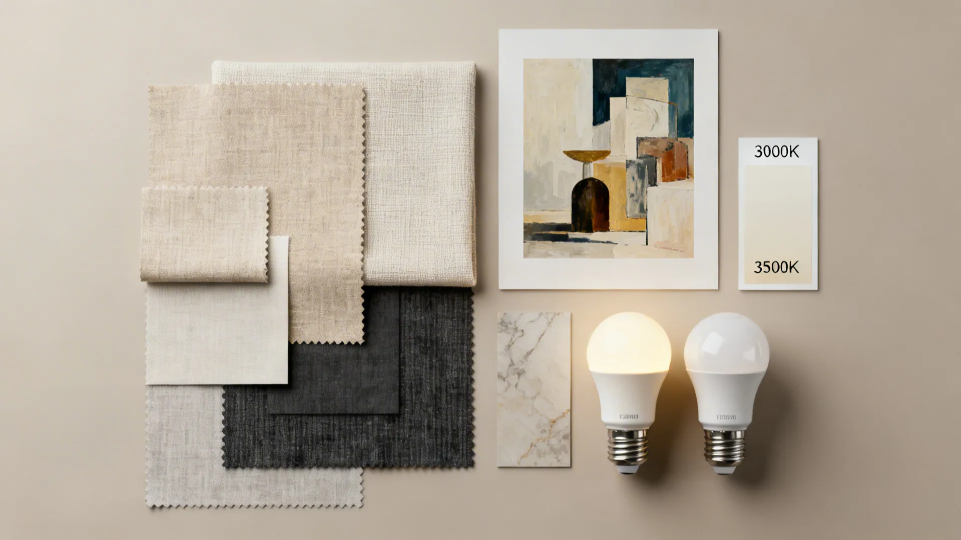 Flatlay of fabric swatches and high-CRI LED bulbs showing true color rendering.