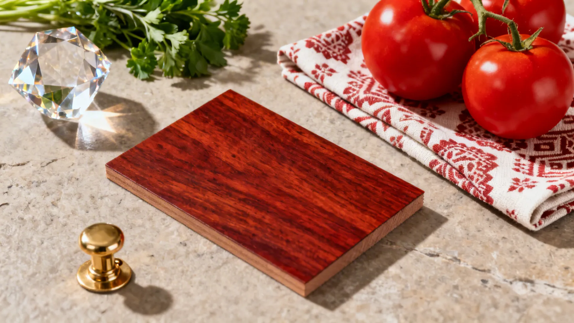Top-down flatlay of wood, brass, linens, and fresh produce under warm high-CRI LED light.