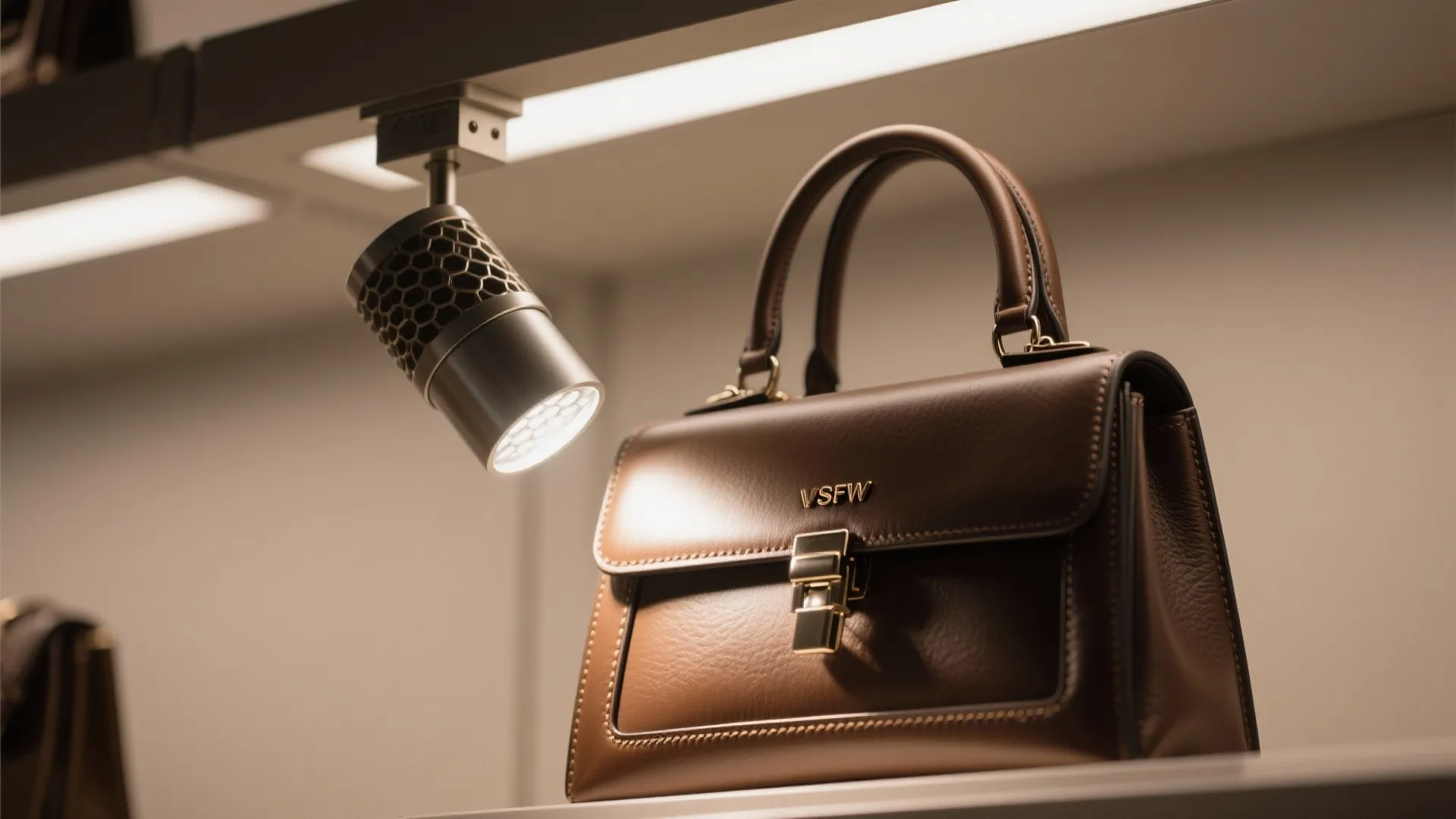 Close up of a brown leather handbag on a shelf under a bright light fixture