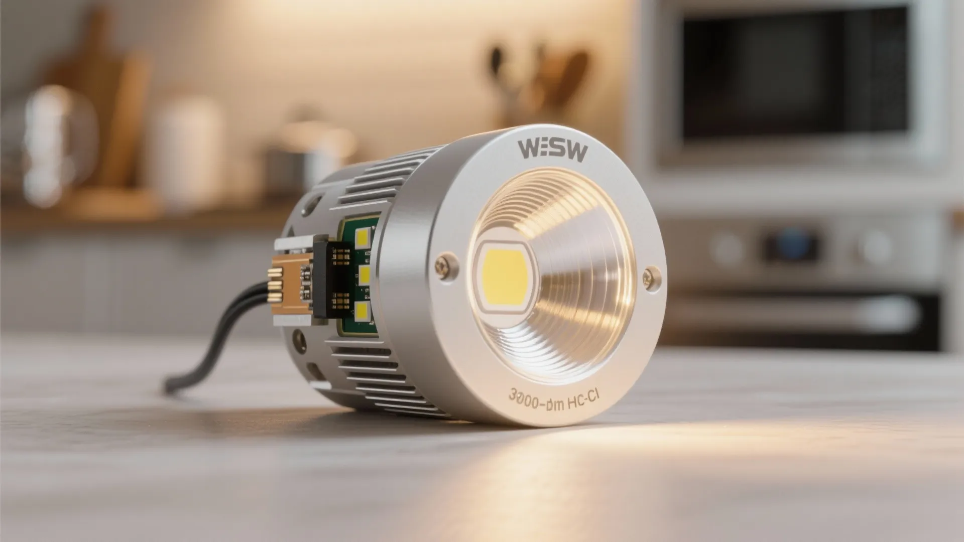 Macro of a high-CRI warm-dim LED module with clean optics for quality kitchen lighting.