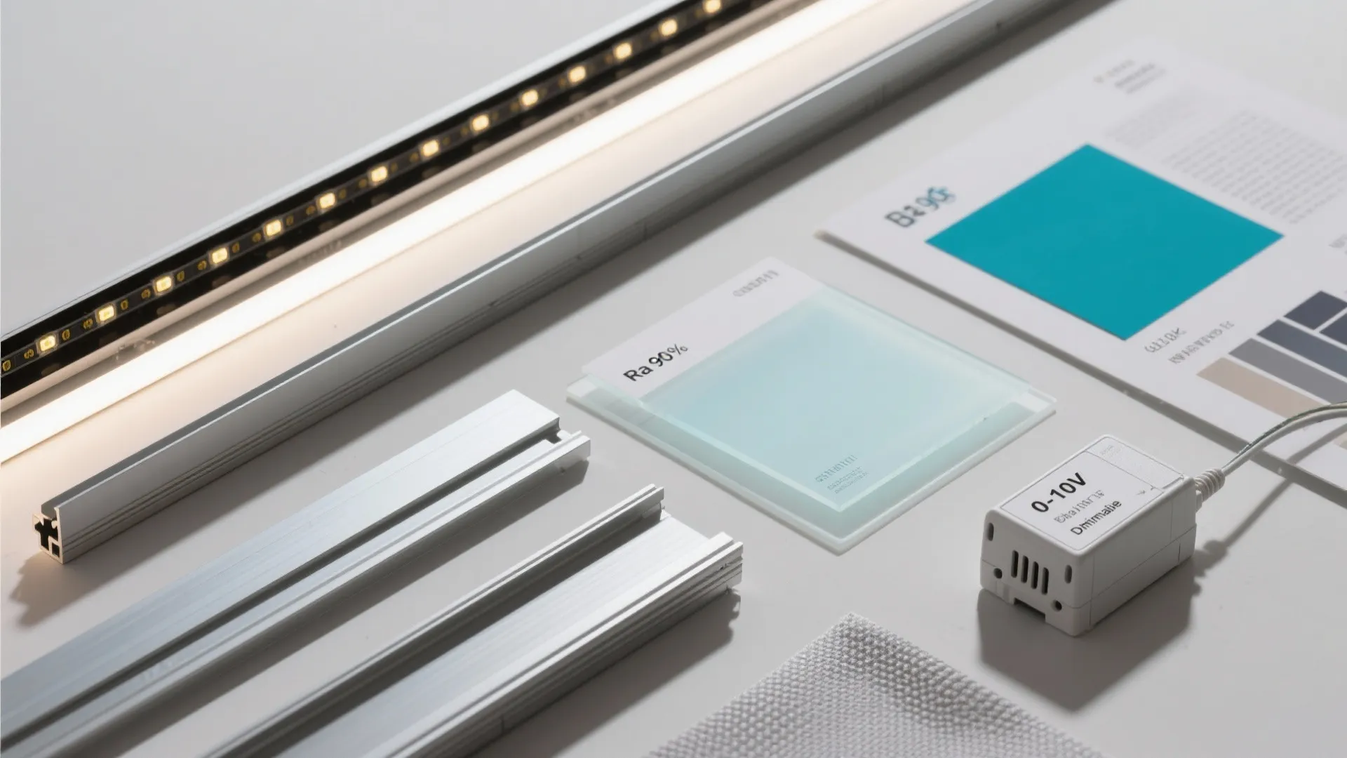 Various lighting components including LED strips light fixture parts and color samples on white surface